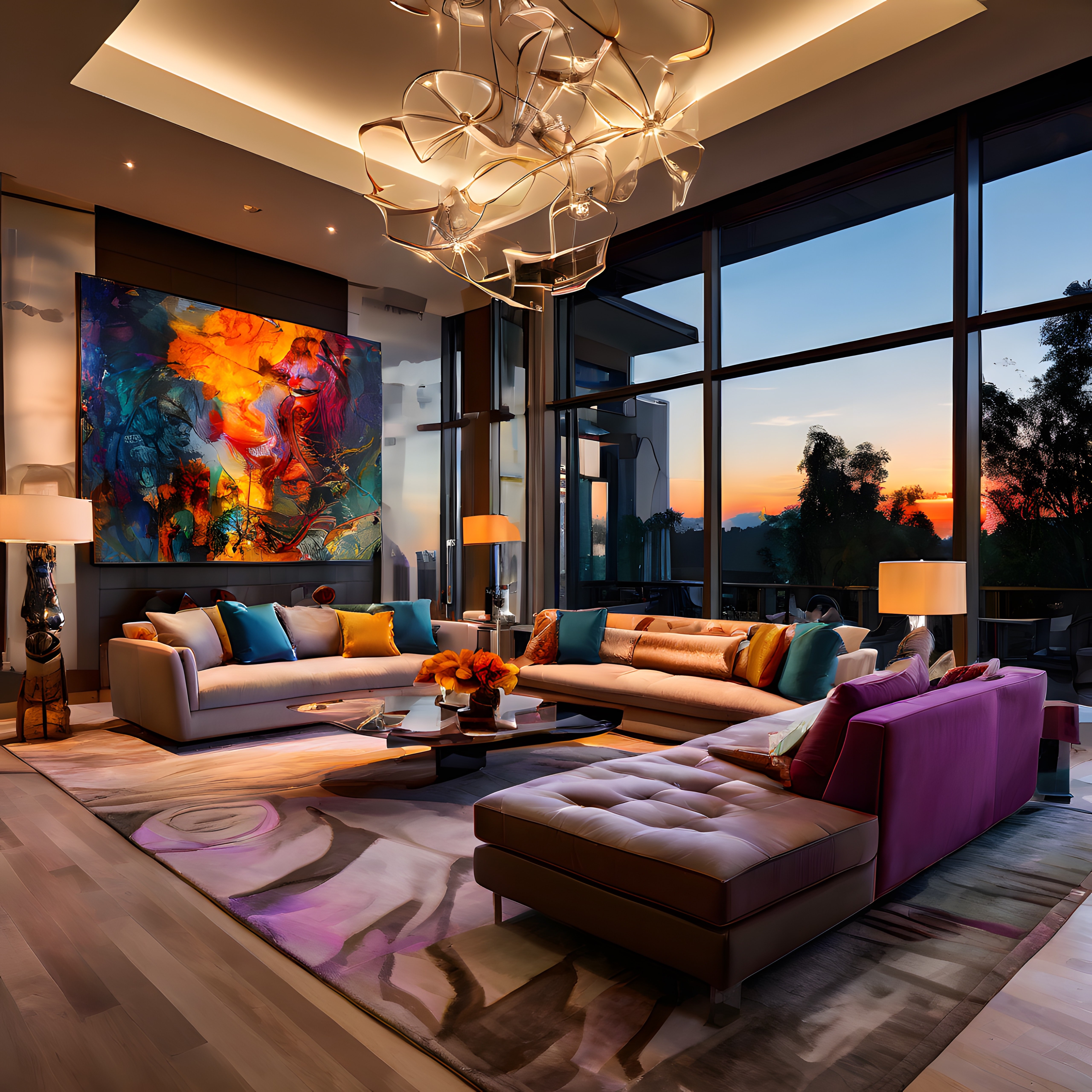Gün Batımı Manzaralı Lüks Modern Salon Dekorasyonu ve İç Tasarım Detayları