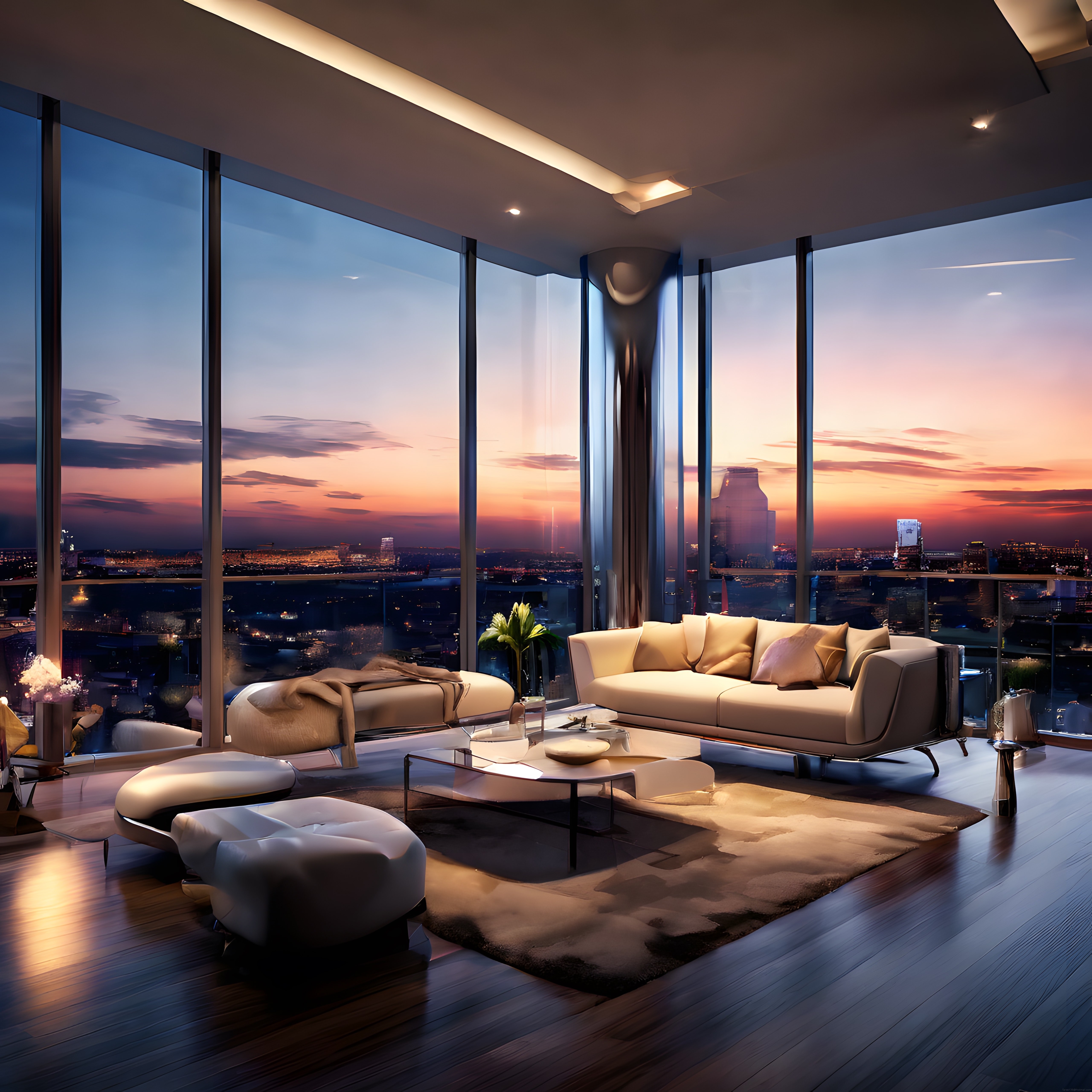 Gün Batımı Manzaralı Lüks Penthouse Oturma Odası ve Modern Şehir Yaşamı