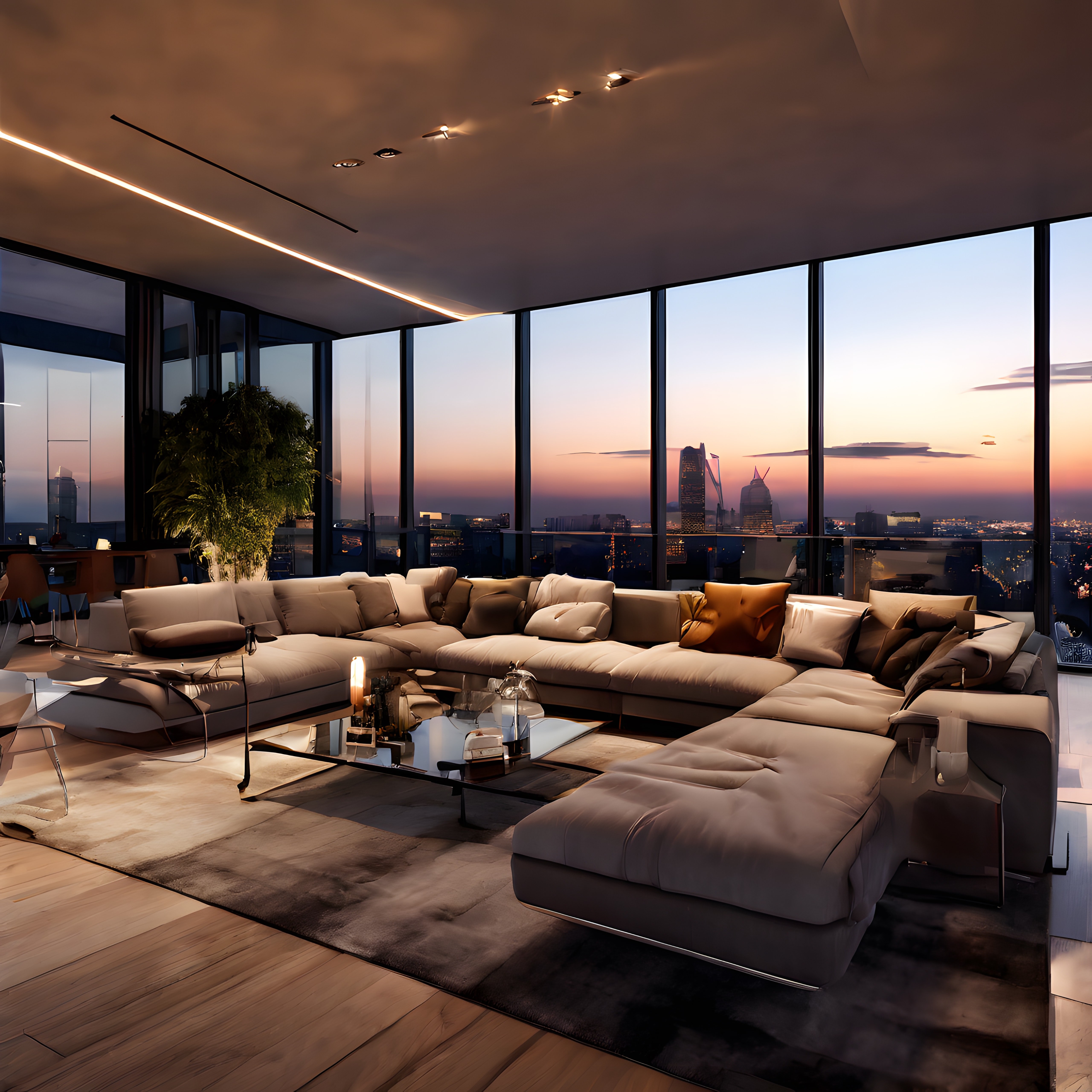 Gün Batımı Manzaralı Lüks Penthouse Salonu ve Modern İç Mekan Tasarımı