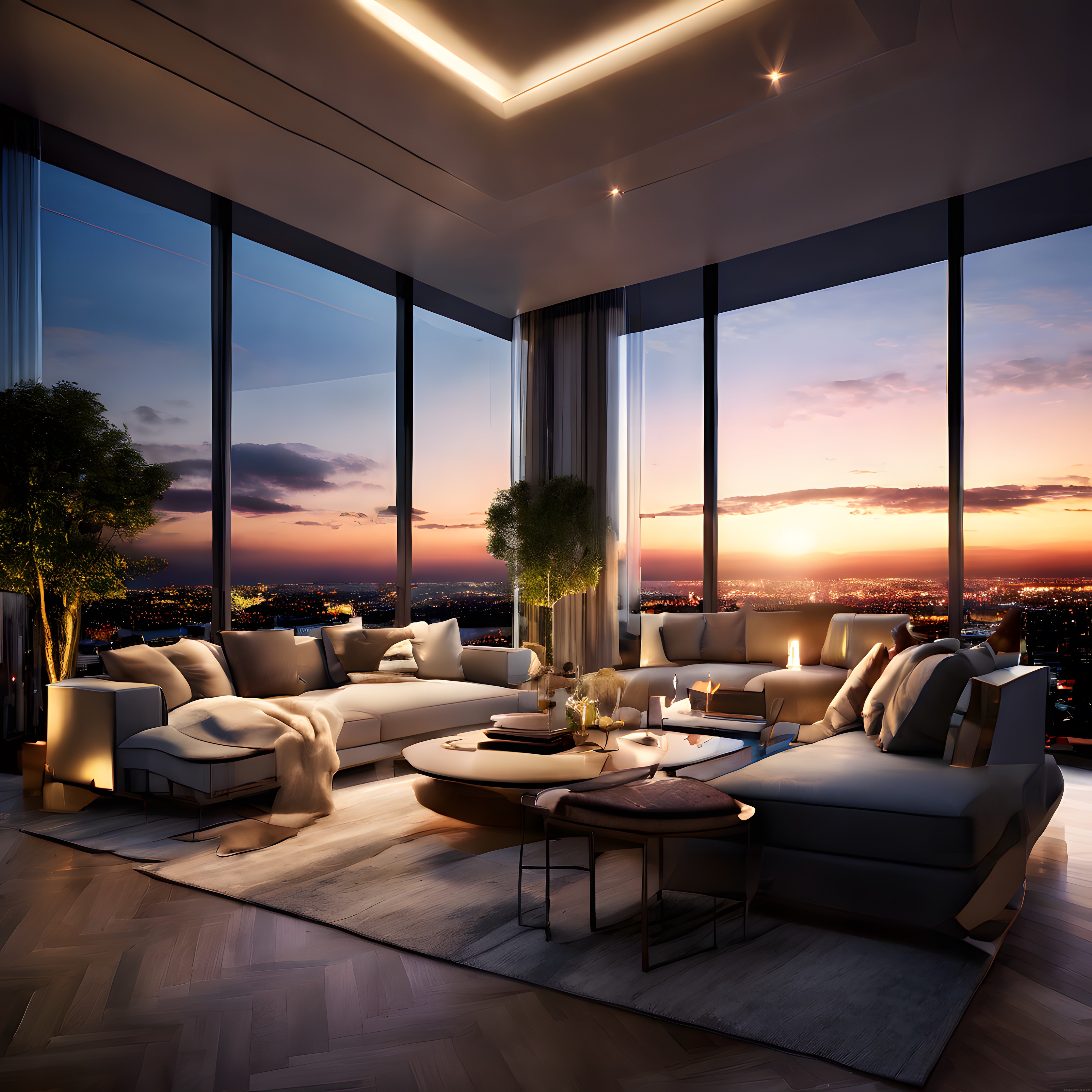 Gün Batımı Manzaralı Lüks Penthouse Salonu ve Modern İç Tasarım