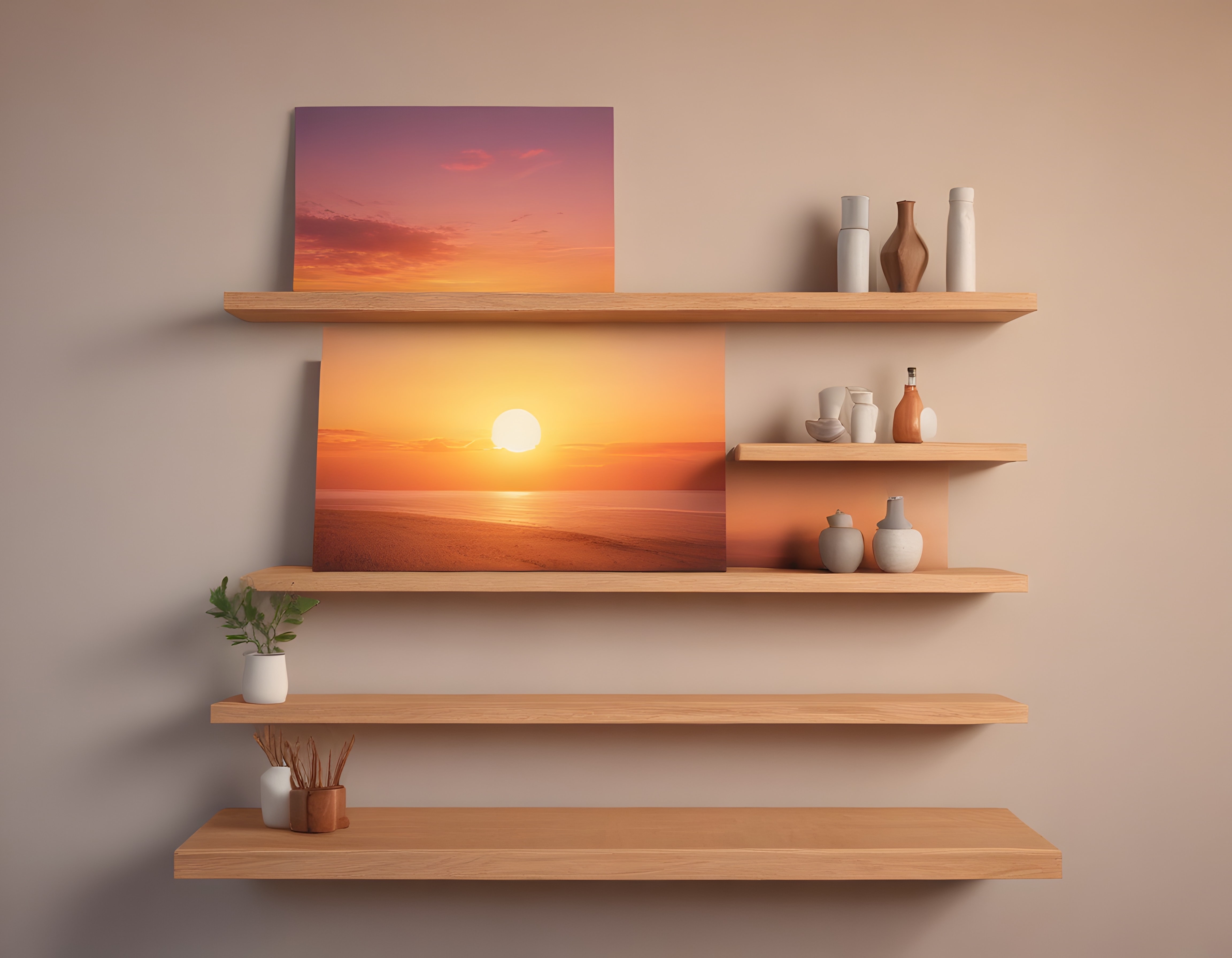 Gün Batımı Manzaralı Minimalist Duvar Rafı ve Ev Dekorasyonu Düzenlemesi
