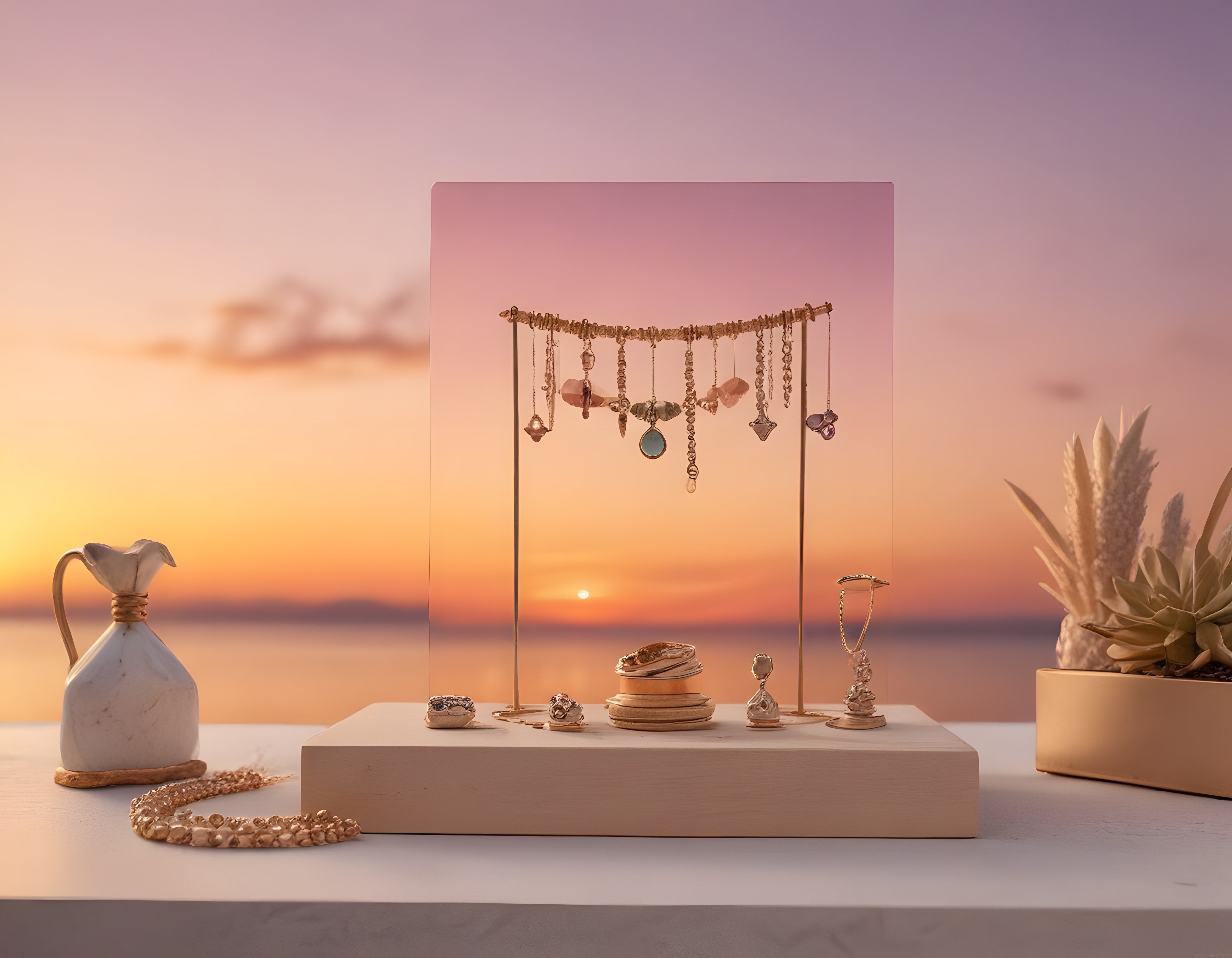 Gün Batımı Manzaralı Minimalist Mücevher Sergileme ve Lüks Aksesuar Vitrini