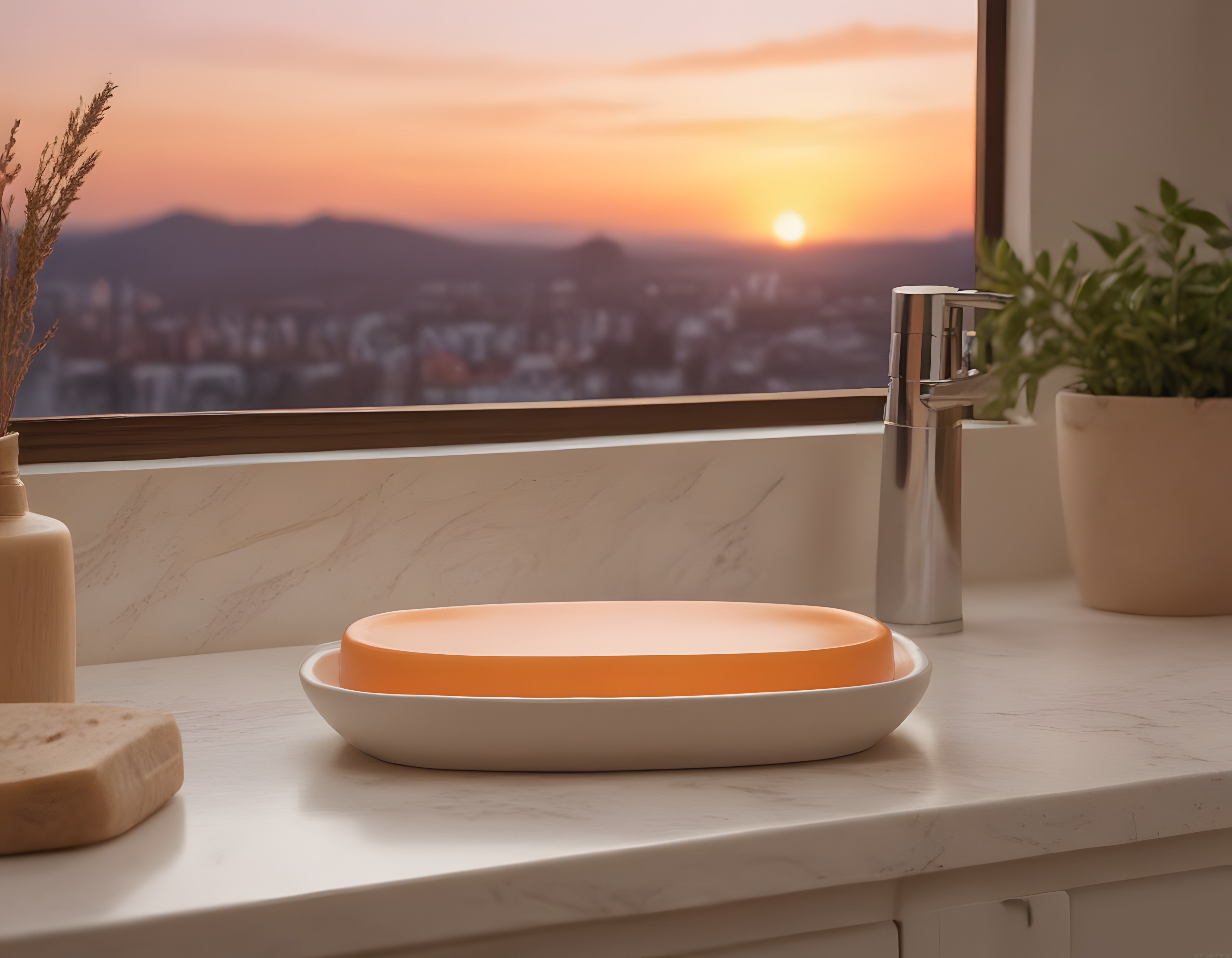 Gün Batımı Manzaralı Modern Banyo Tezgahı ve Turuncu Lavabo Detayı