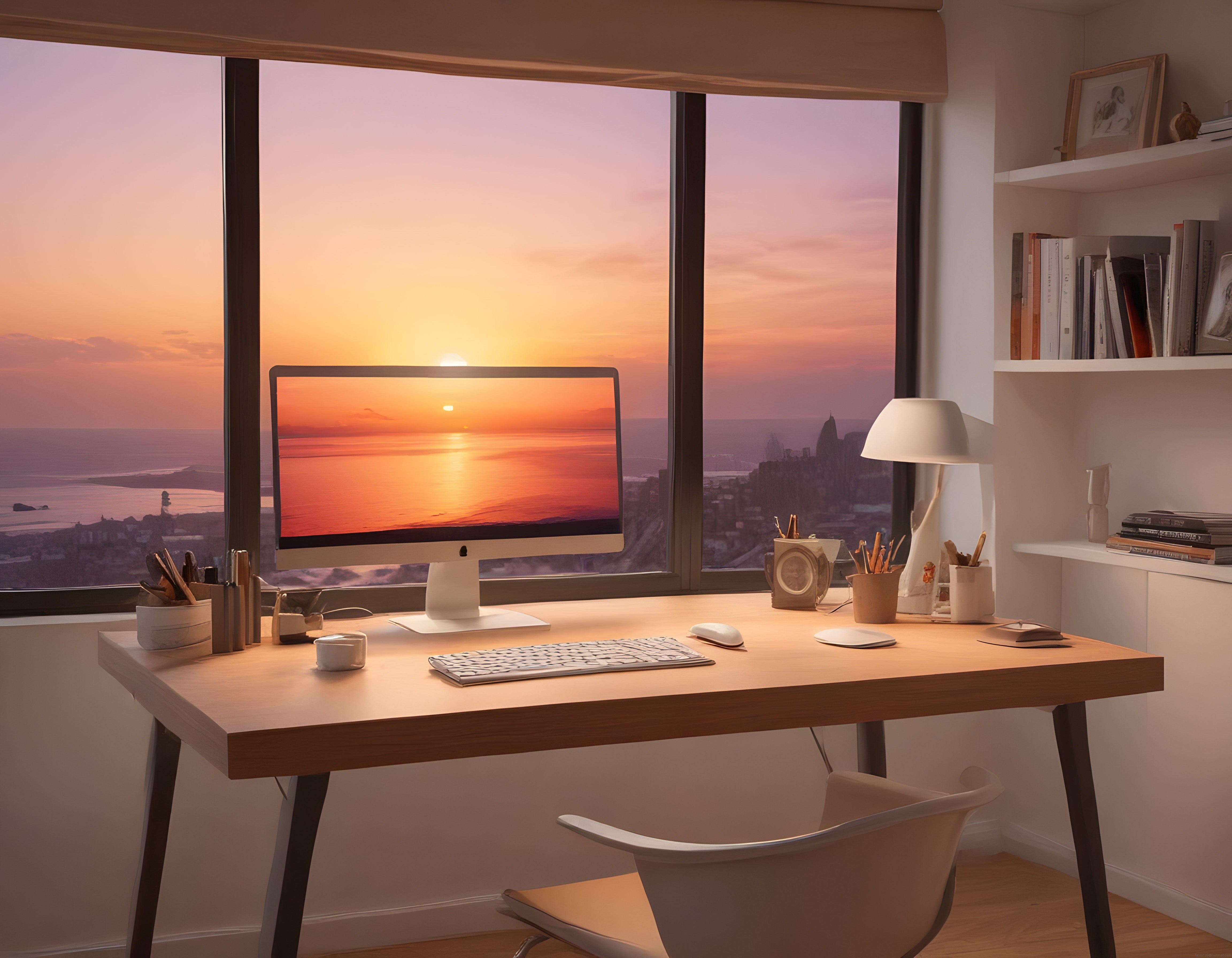 Gün Batımı Manzaralı Modern Ev Ofis: Minimalist Çalışma Köşesi Dekorasyonu