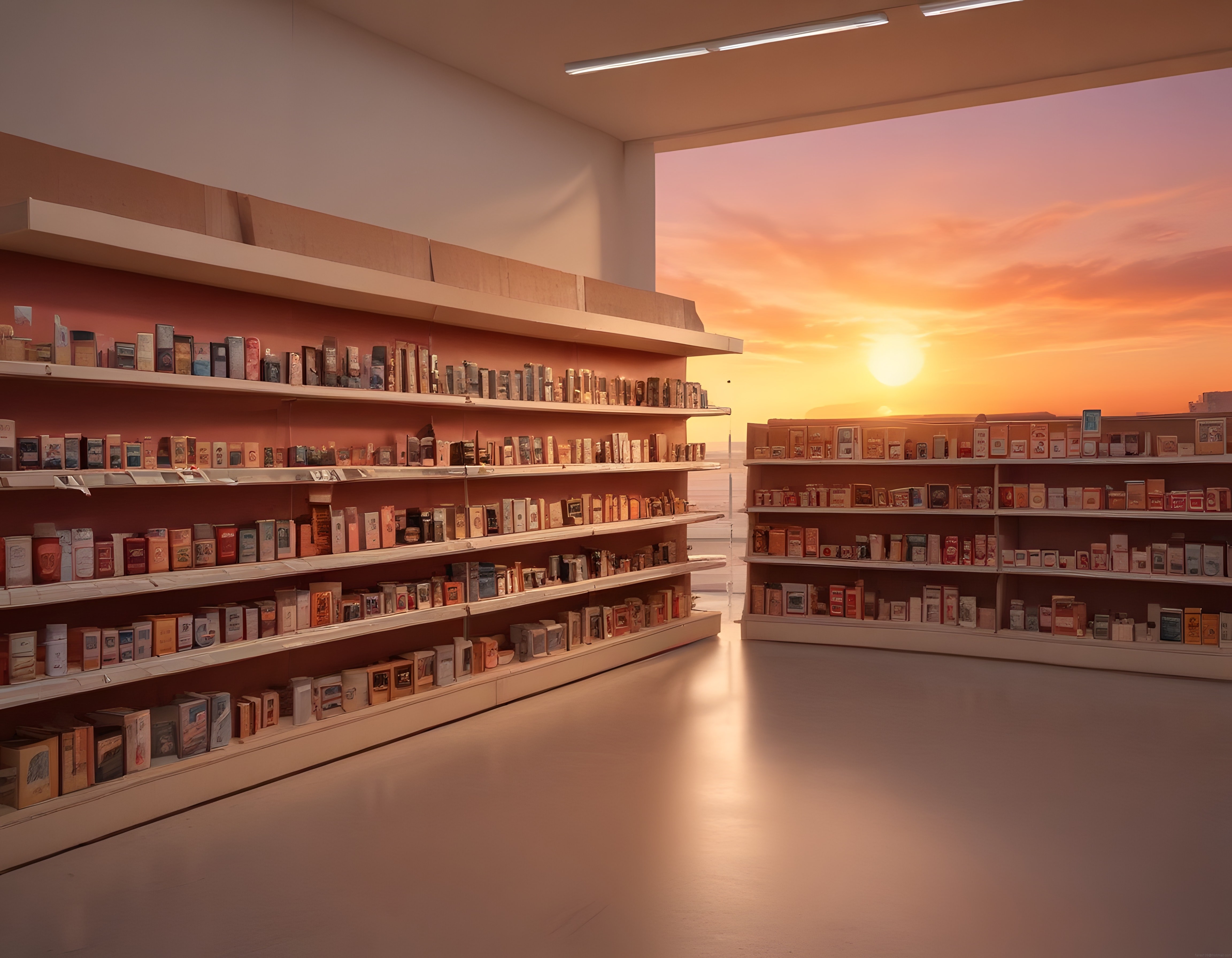 Gün batımı manzaralı modern süpermarket içi ve düzenli ürün rafları fotoğrafı