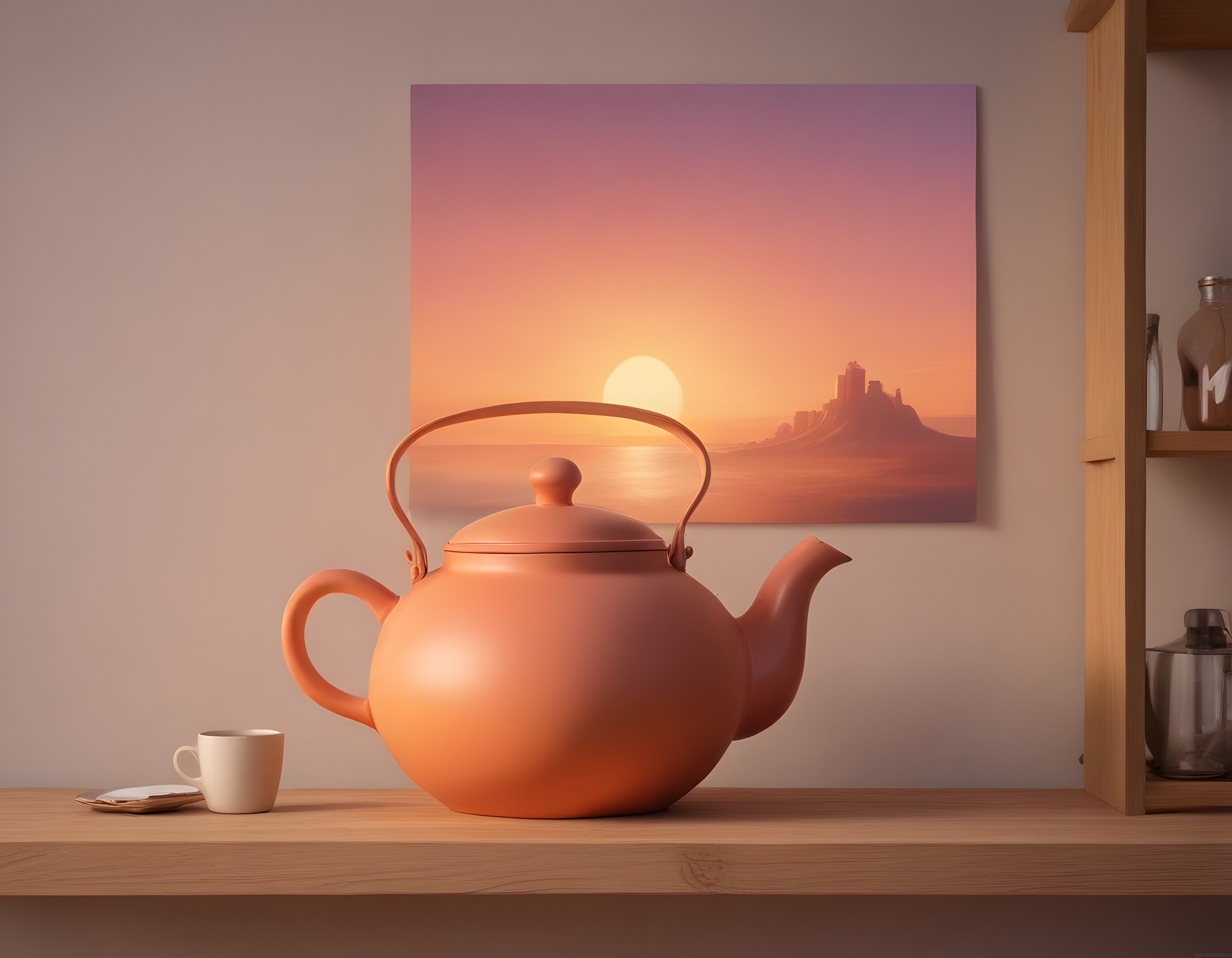 Gün batımı manzaralı mutfakta turuncu seramik demlik ve huzurlu anlar