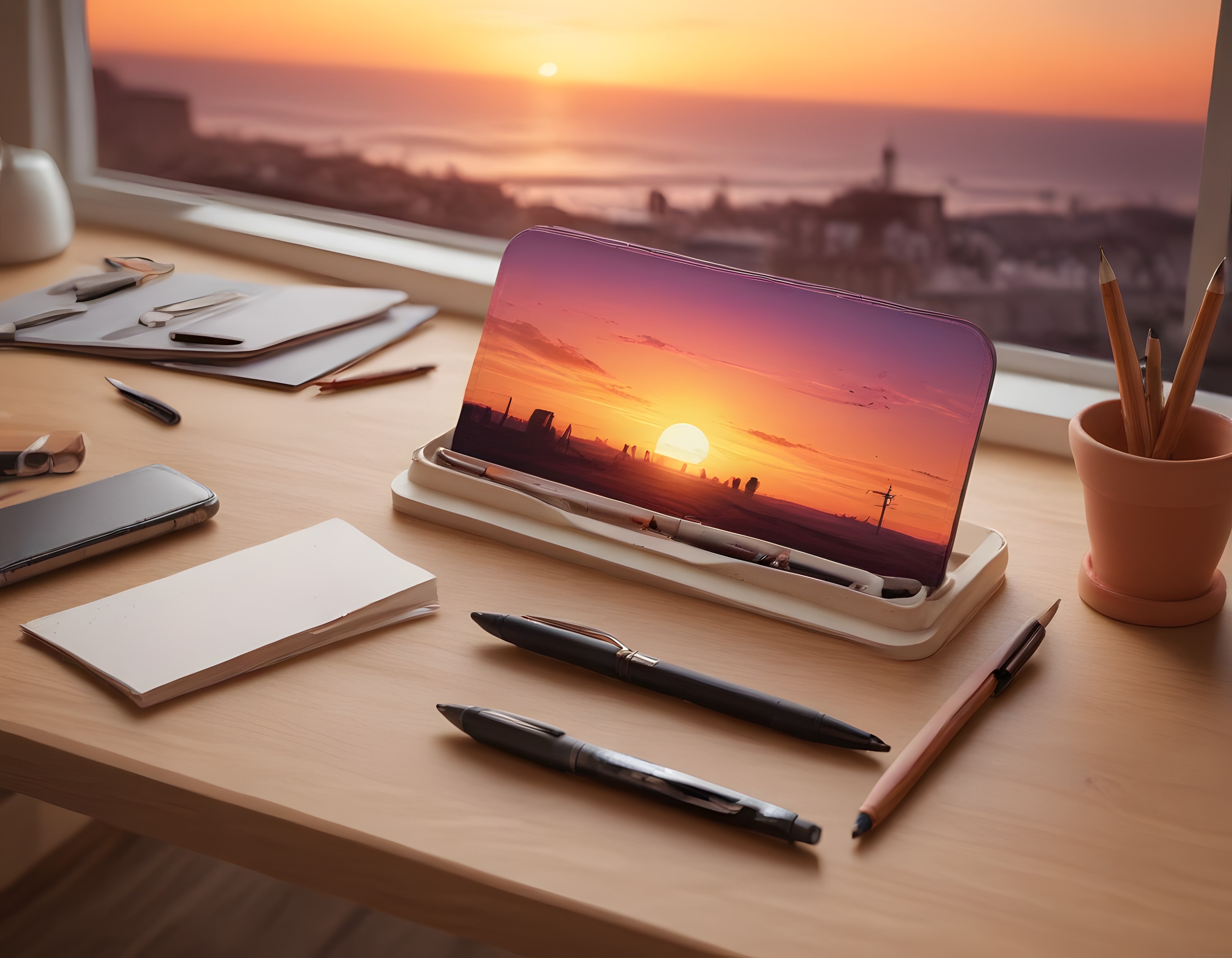 Gün Batımı Manzaralı Pencere Önünde Huzurlu Çalışma Masası ve Tablet