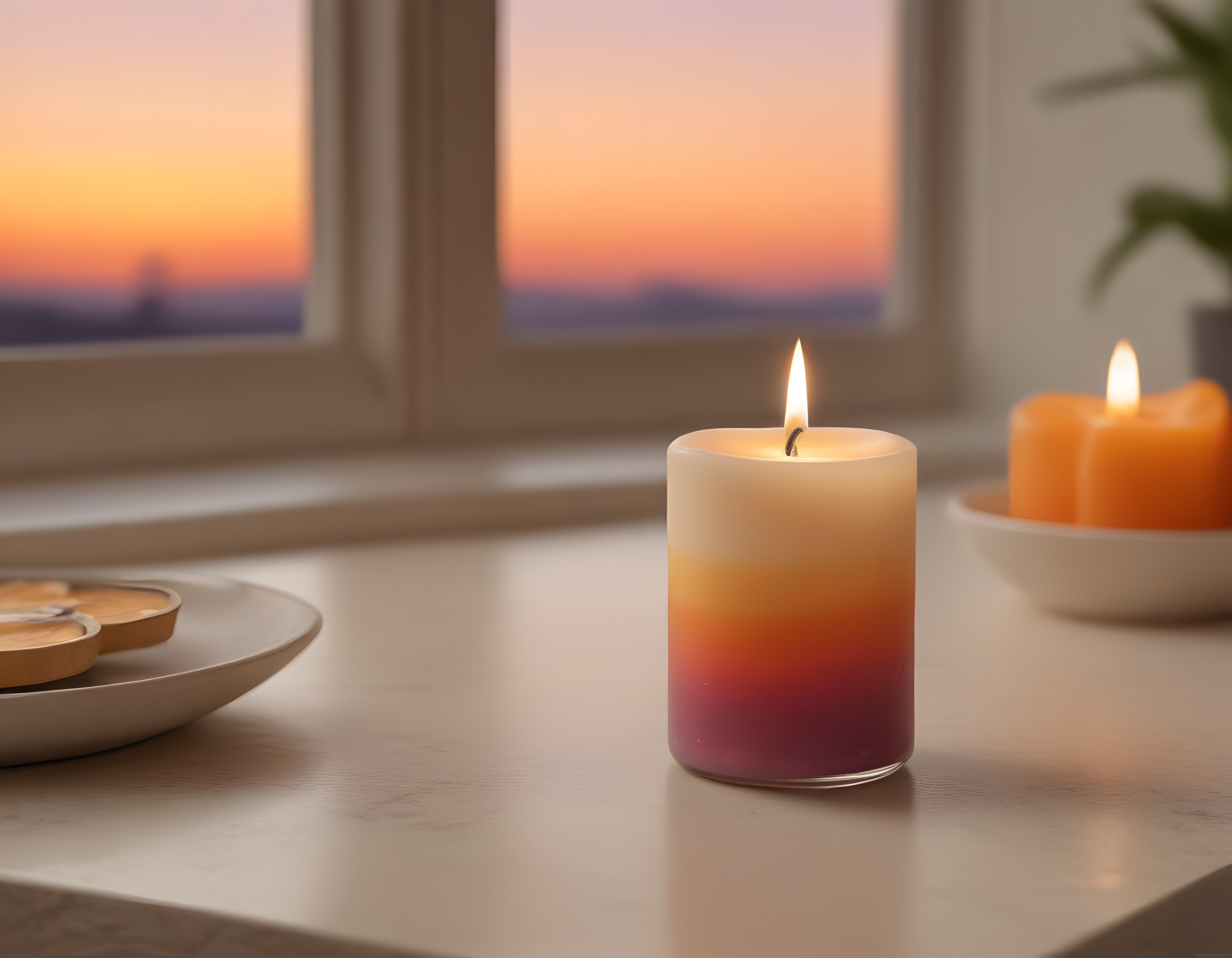 Gün Batımı Manzaralı Pencere Önünde Ombre Mumlarla Romantik Ev Atmosferi