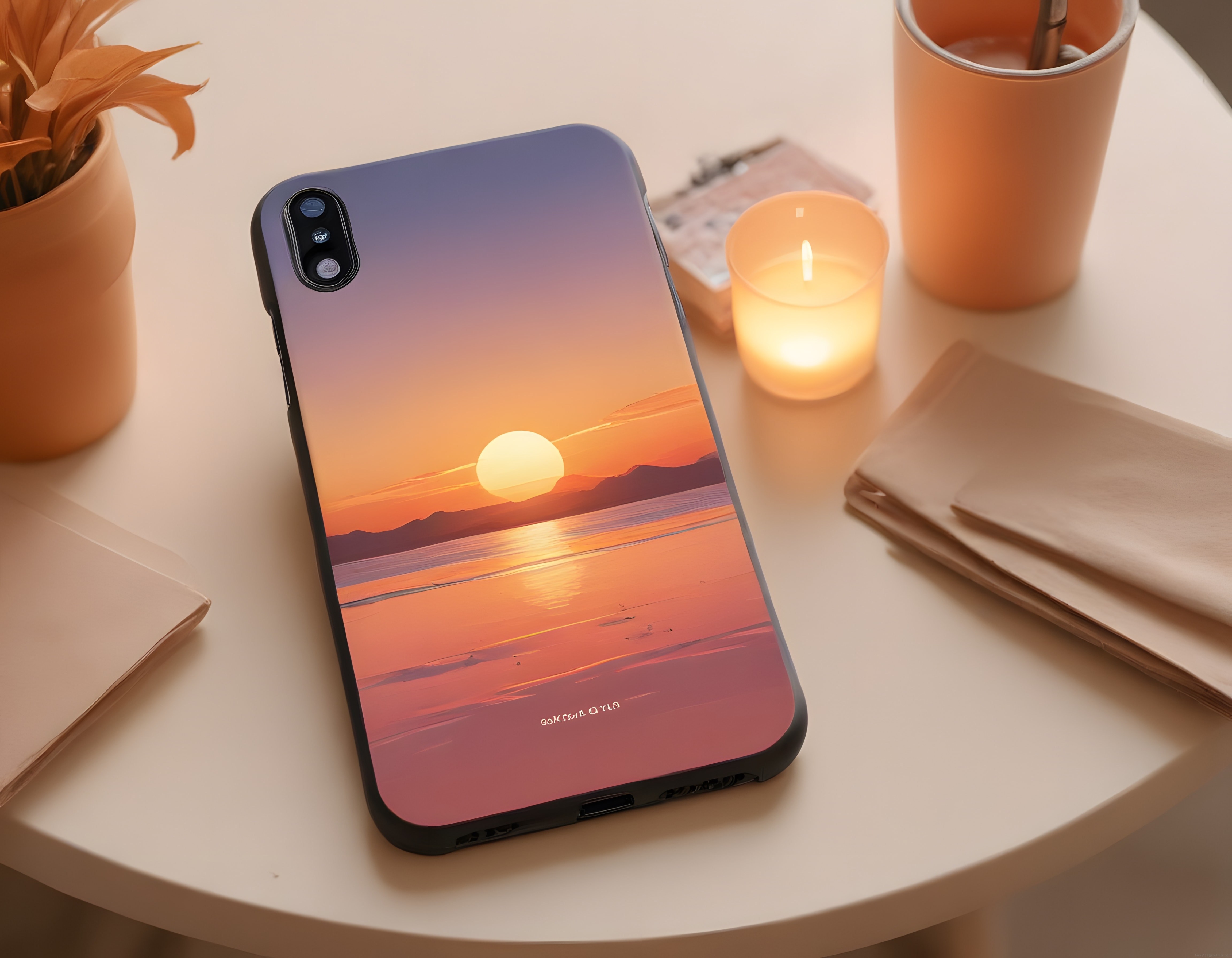 Gün Batımı Manzaralı Telefon Kılıfı ile Estetik Masa Düzeni ve Sıcak Atmosfer