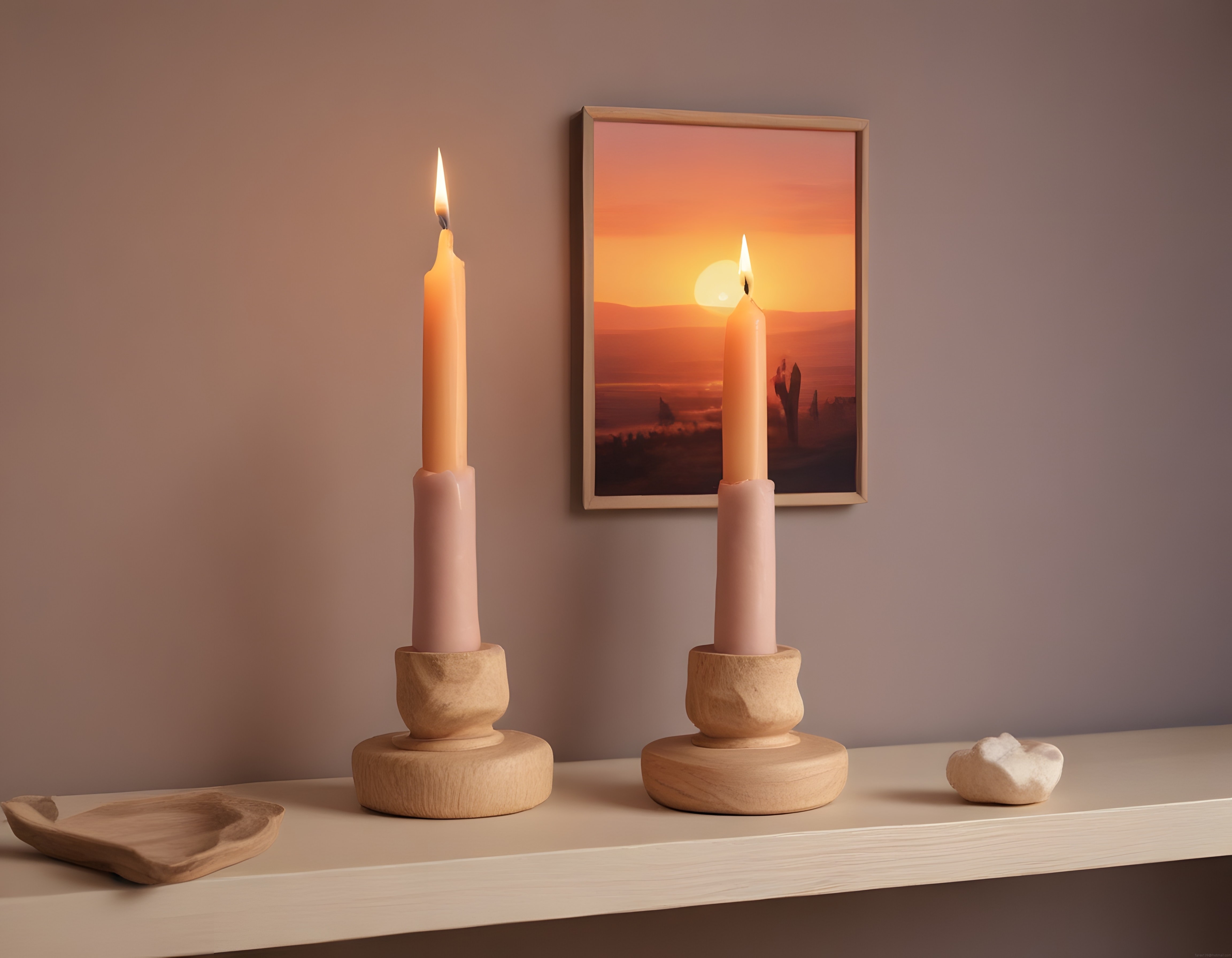 Gün Batımı Posteri ve Ahşap Mumlarla Sıcak Minimalist Oda Köşesi