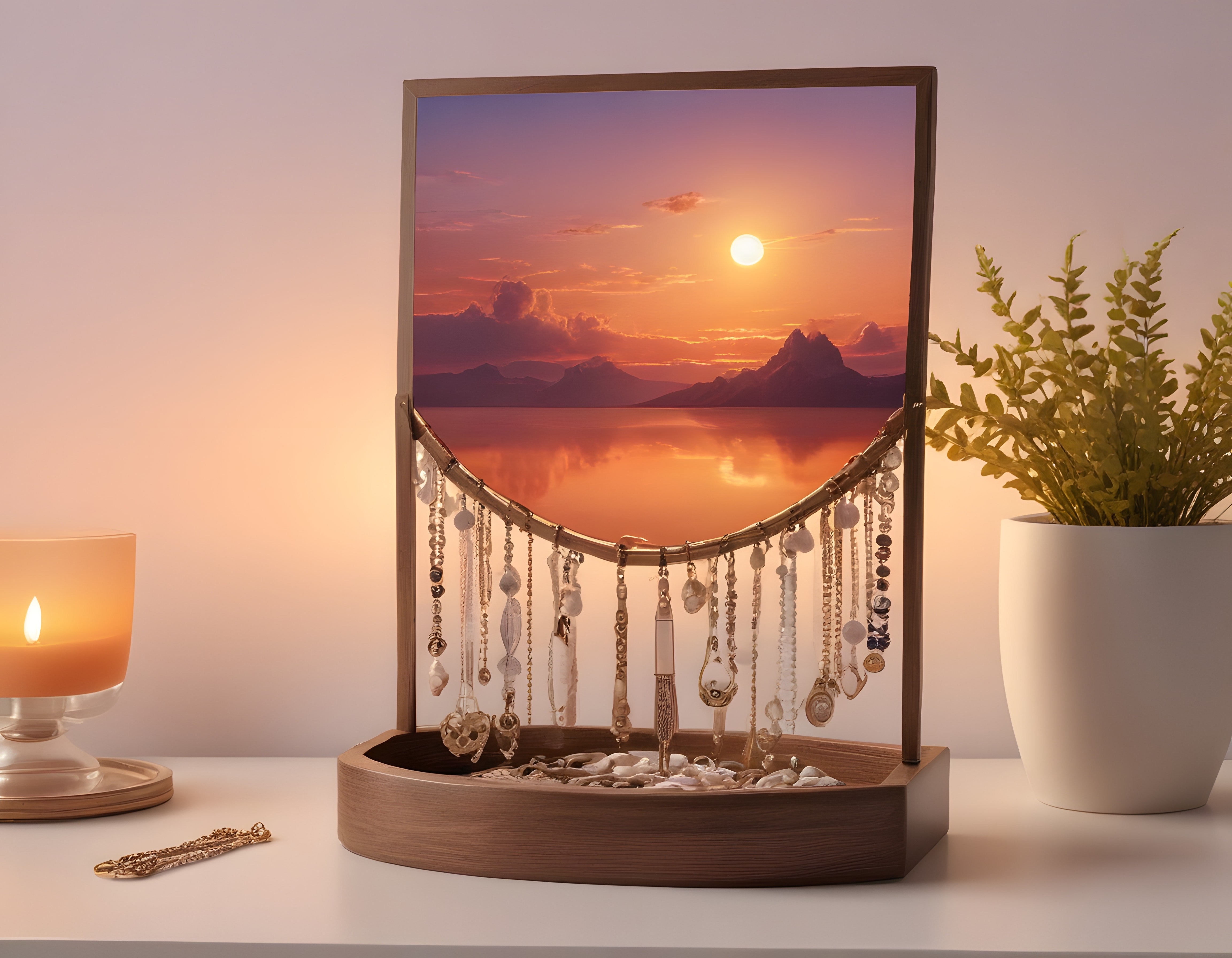 Gün Batımı Posteri ve Mum Işığıyla Sıcak Ev Dekoru ve Takı Düzenleme Önerisi