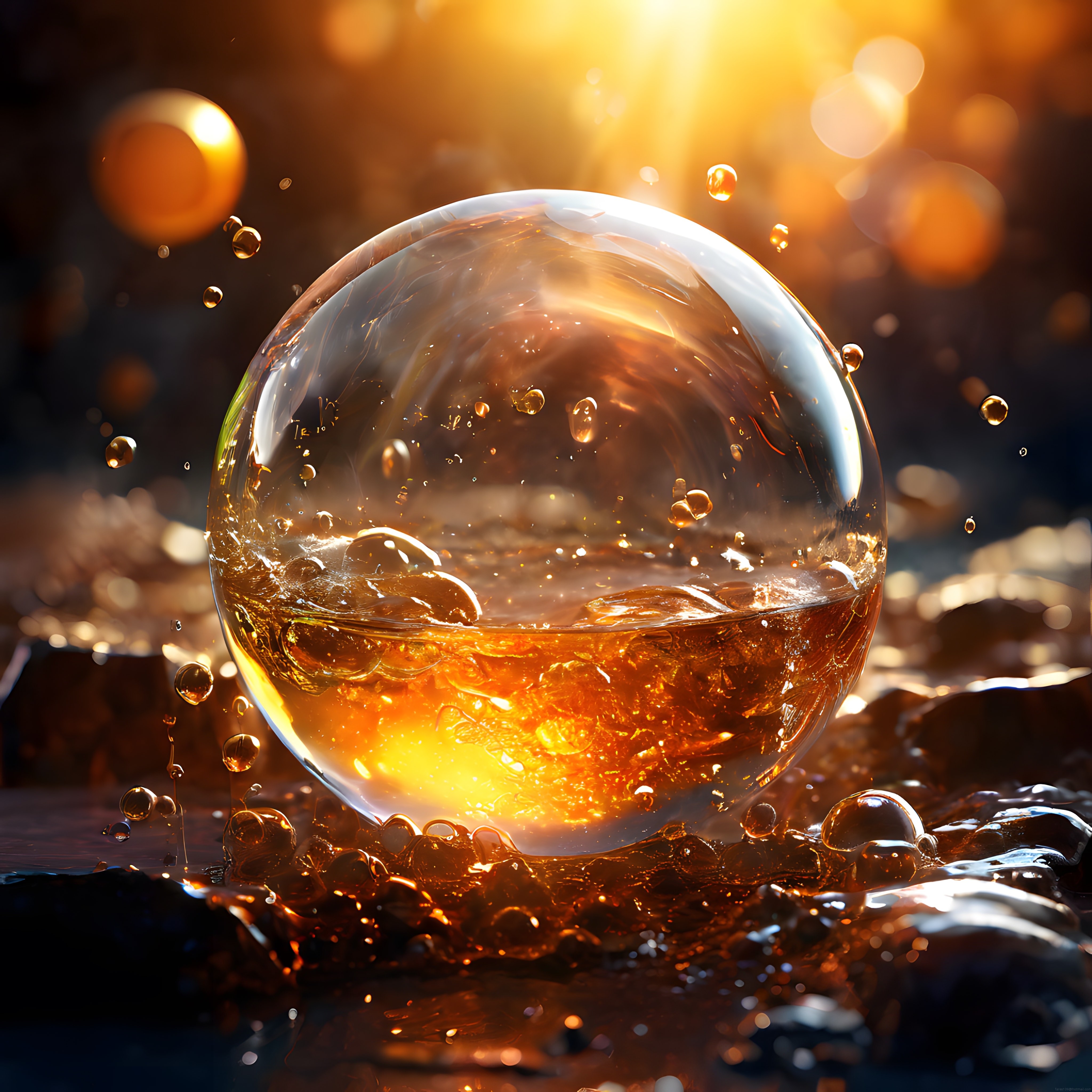 Gün Batımı Rengindeki Amber Sıvıyla Parlayan Kristal Küre ve Kabarcıklar