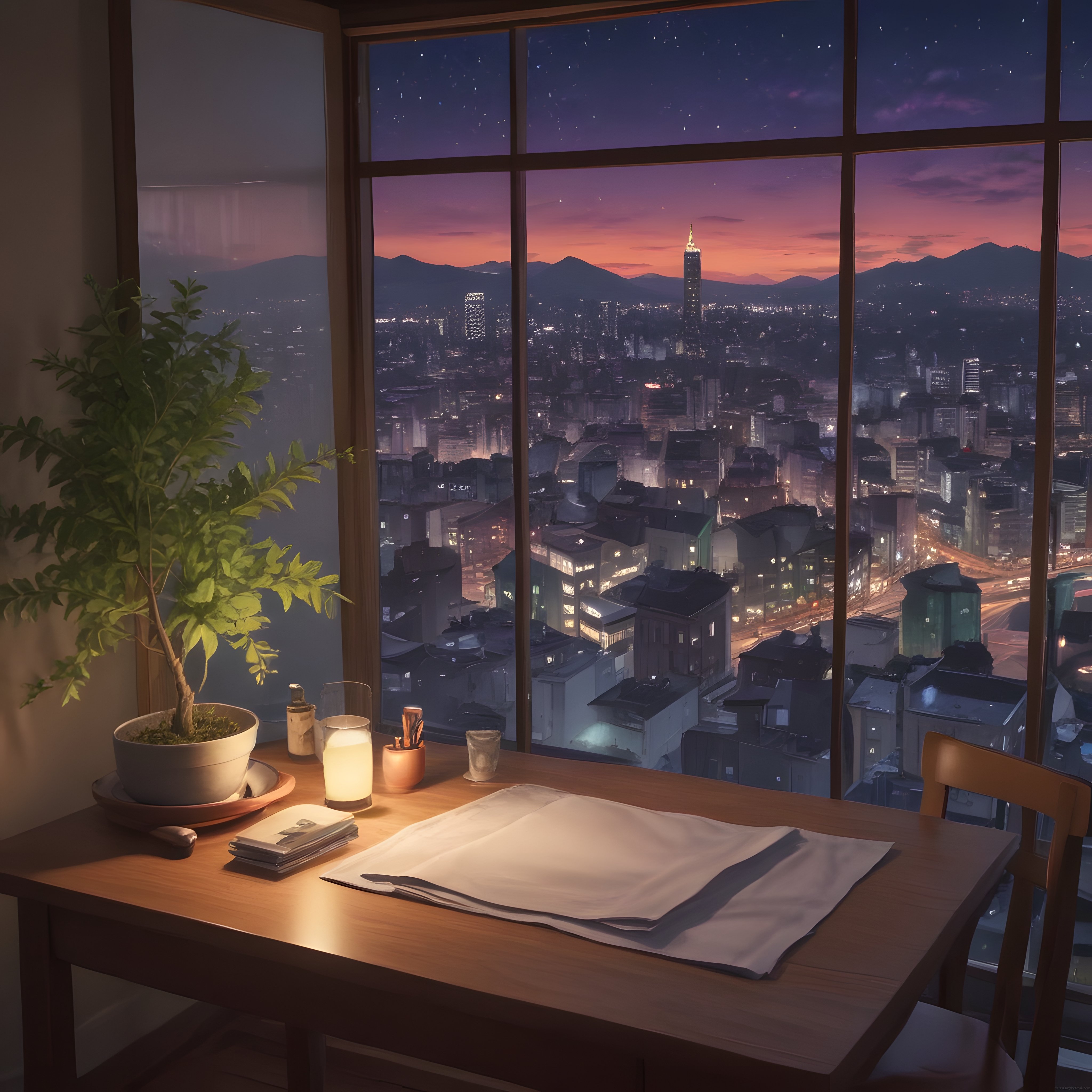 Gün Batımı Şehir Manzaralı Pencere Önü Huzurlu Çalışma Masası Anime Sanatı