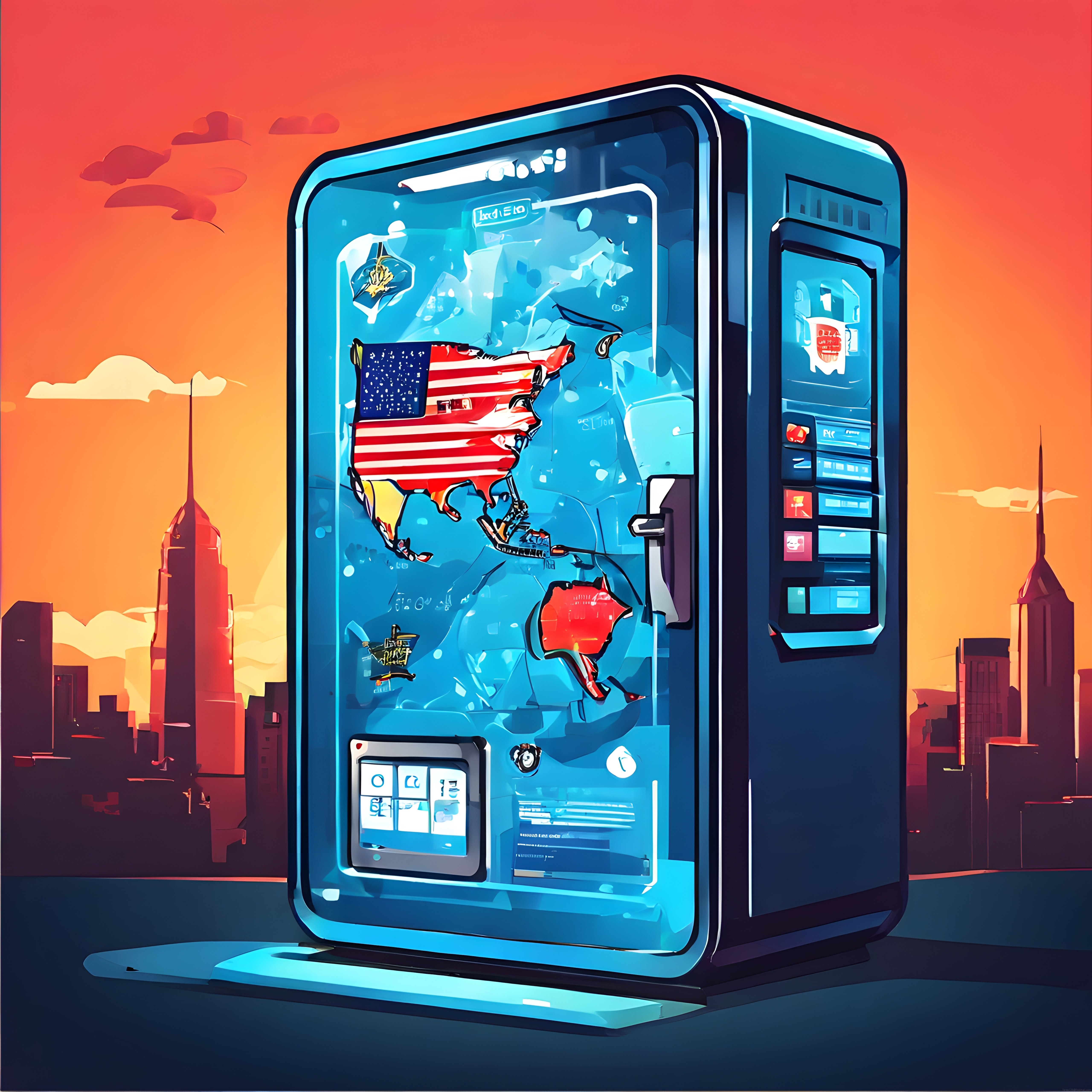 Gün batımı şehirdeki futuristik otomat ve içindeki kırılgan amerikan haritası