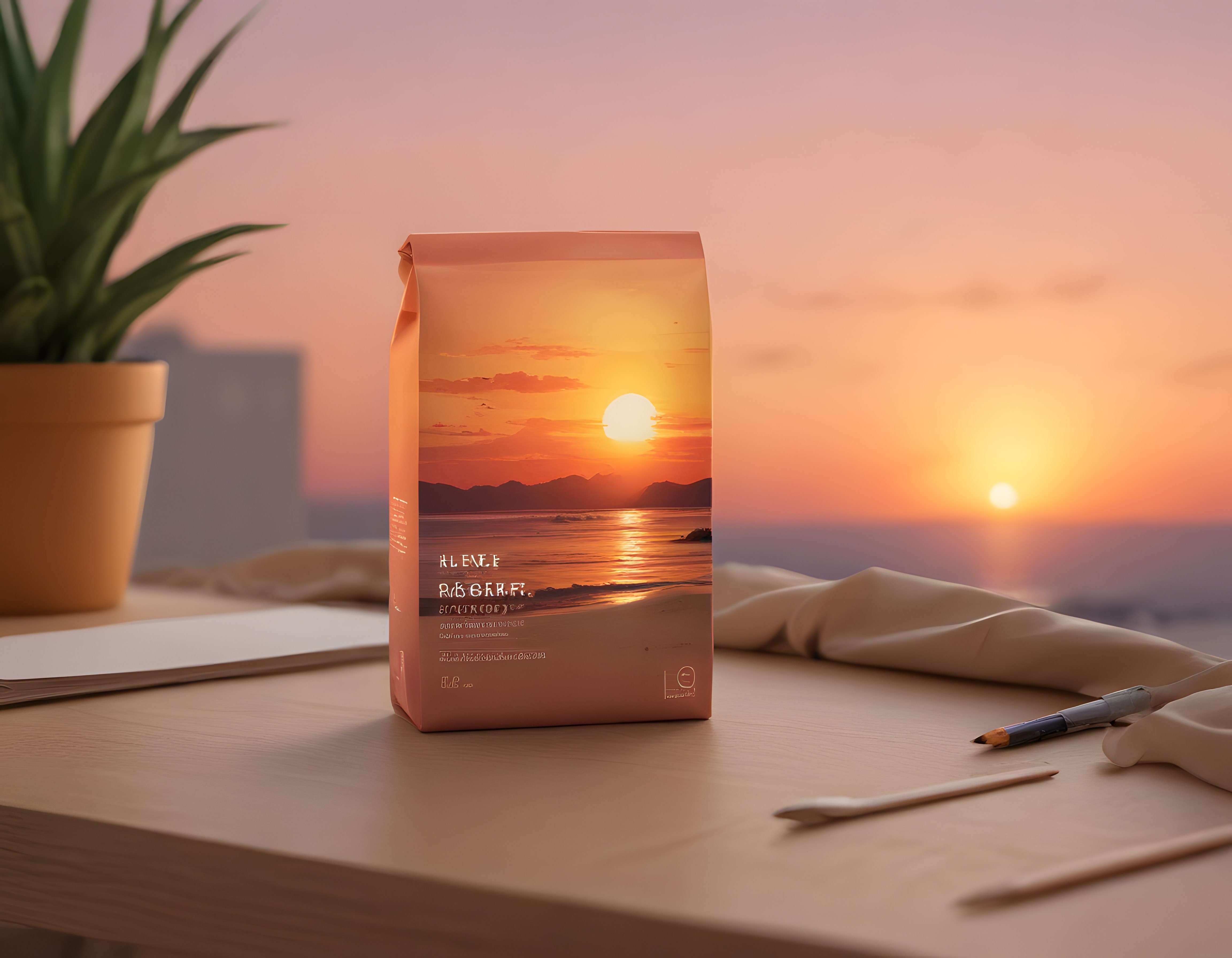 Gün Batımı Temalı Özel Kahve Ambalajı ve Pastel Rengimli Stüdyo Fotoğrafı