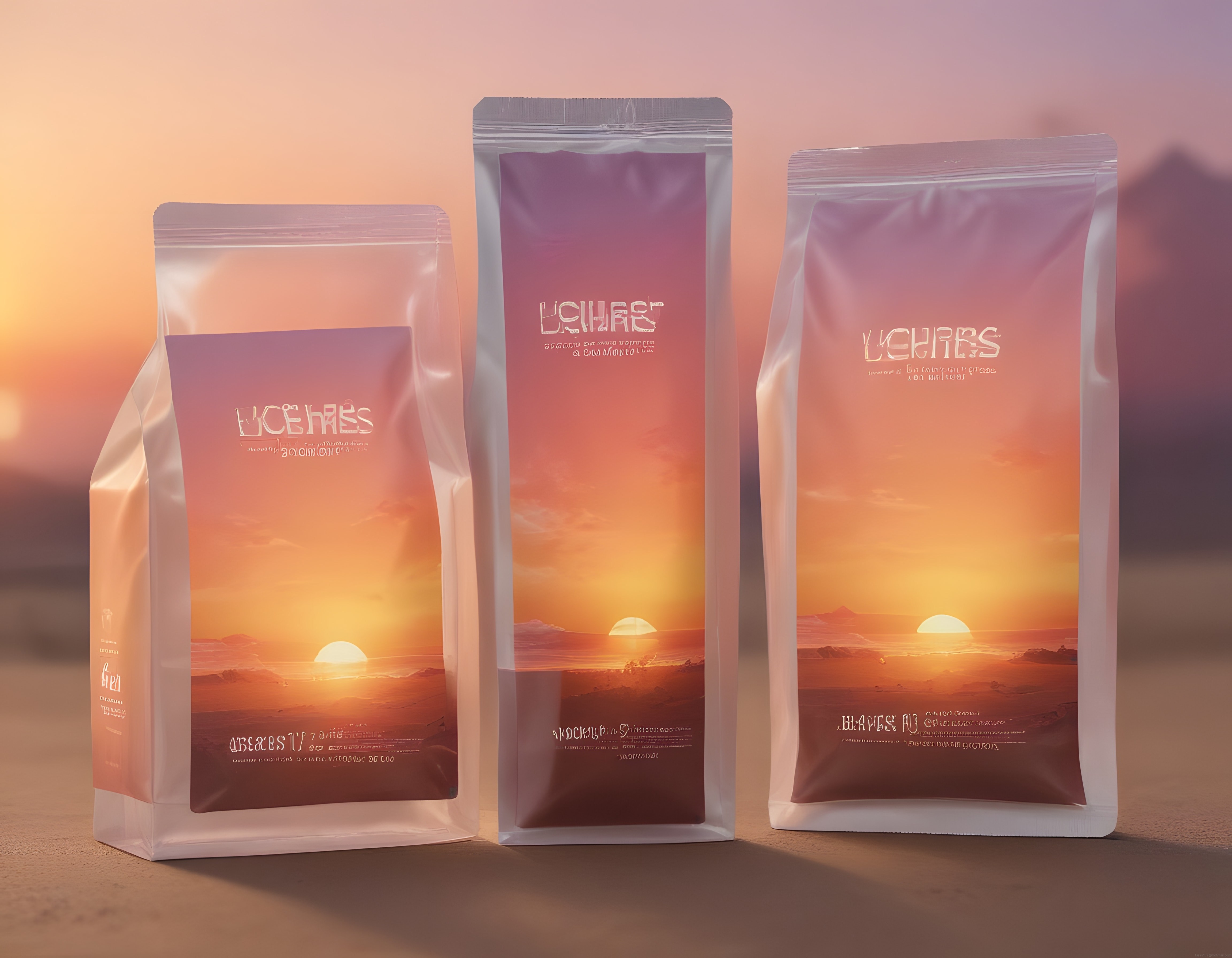 Gün batımı temalı üç kahve ambalajının kum zeminde pastel gökyüzüyle sunumu