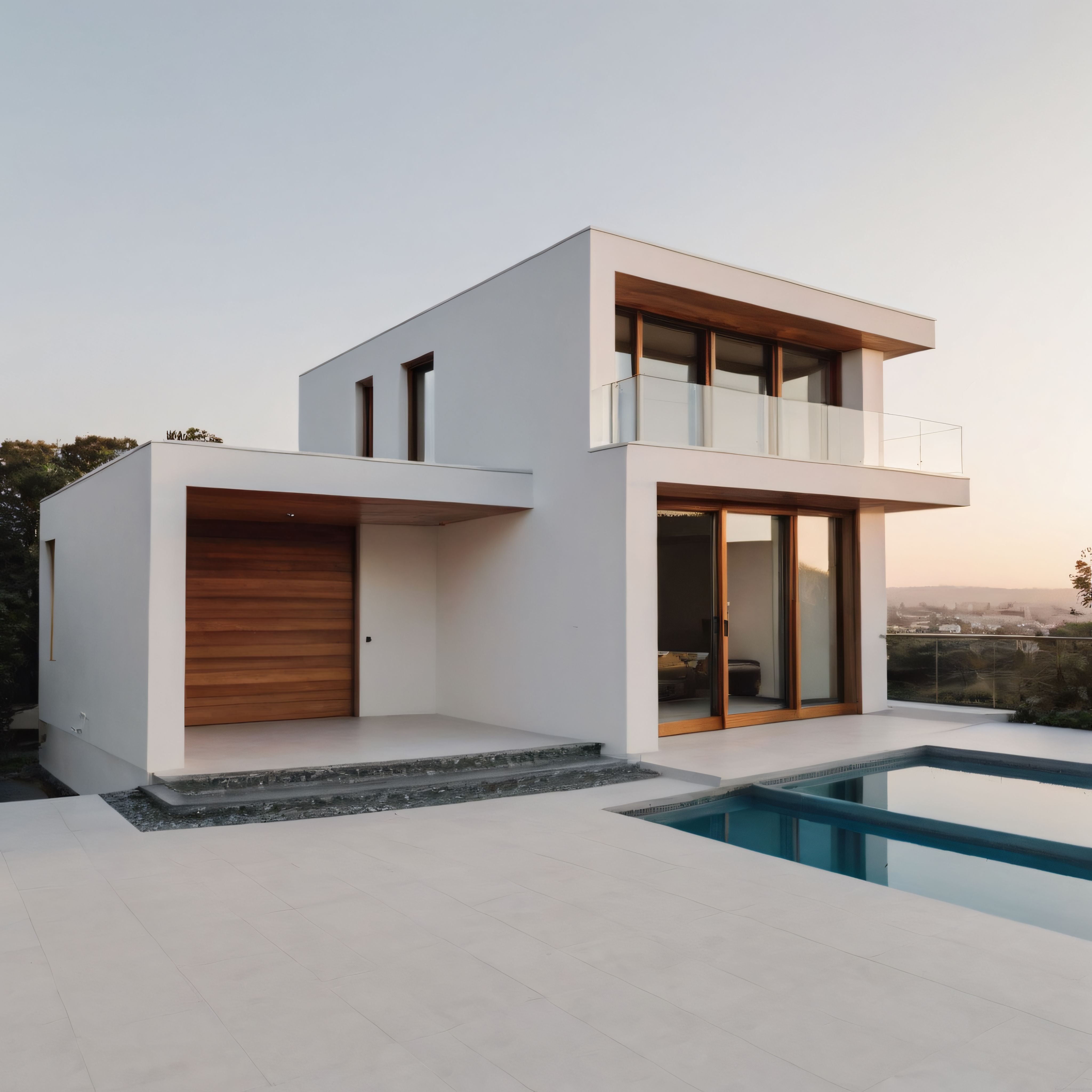 Gün Batımında Ahşap Detaylı Modern Villa ve Yüzme Havuzu Tasarımı