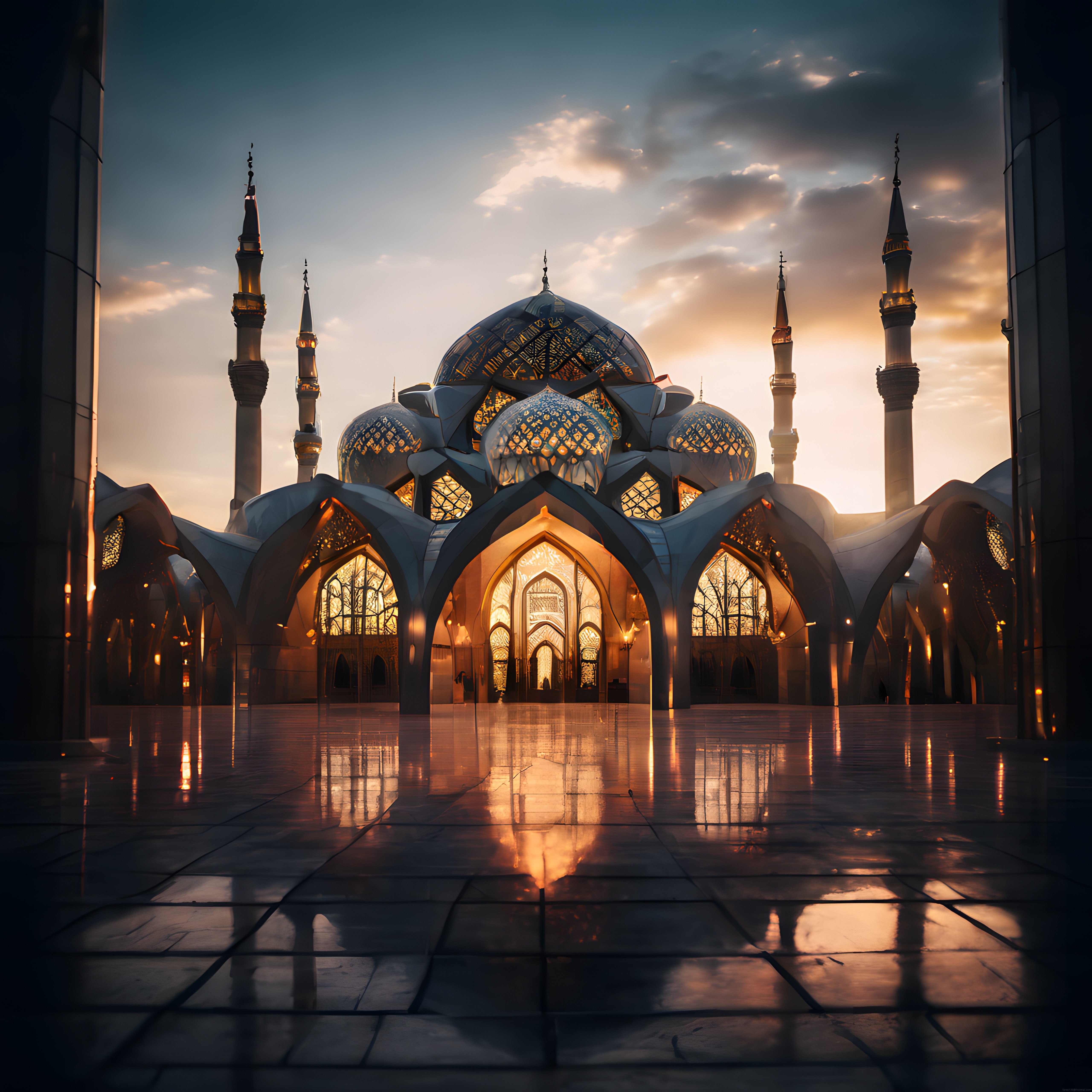 Gün Batımında Altın Işıklarla Süslenmiş Geleceğin Camisi ve Mermer Yansımaları