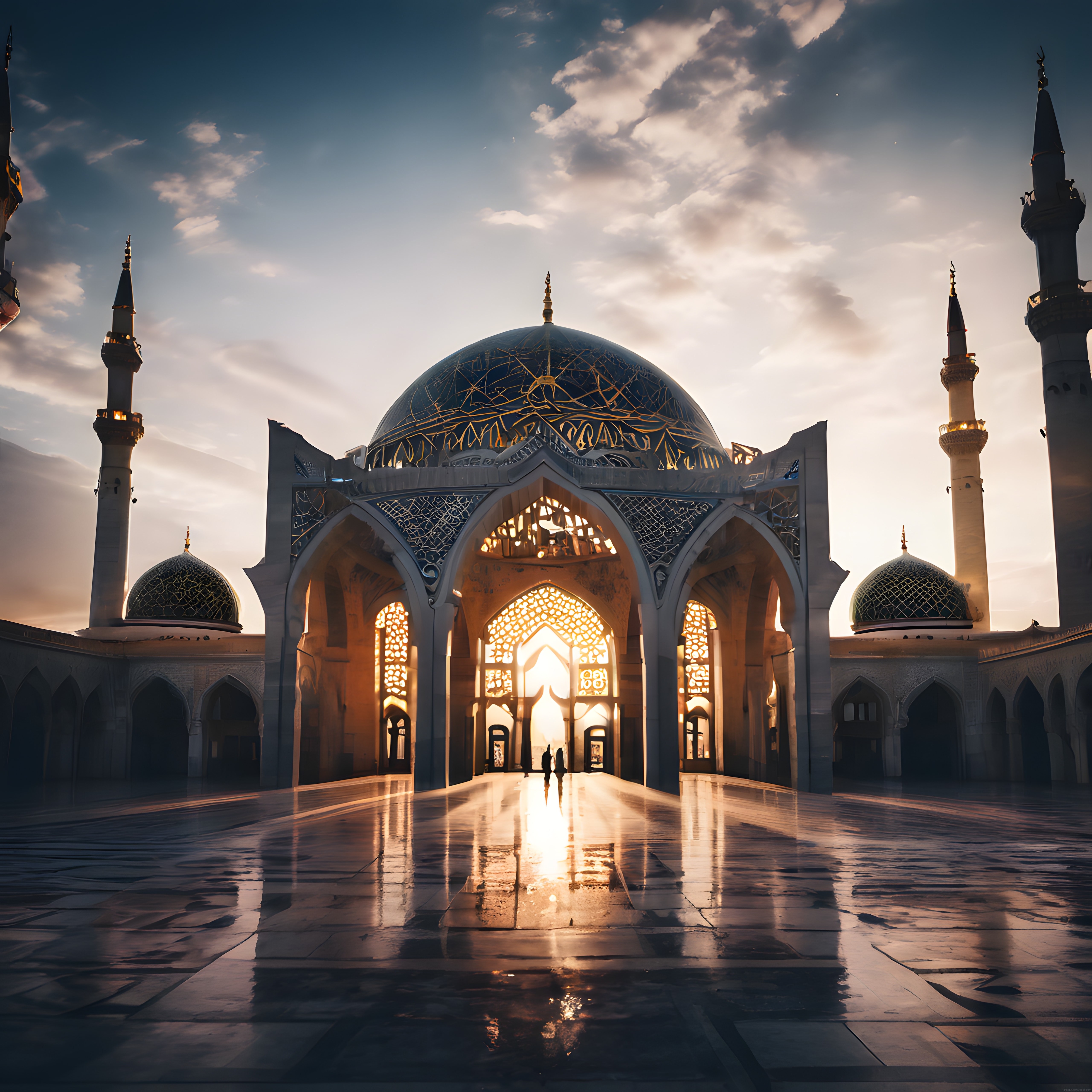 Gün Batımında Altın İşlemeli Kubbesiyle Görkemli Cami Manzarası