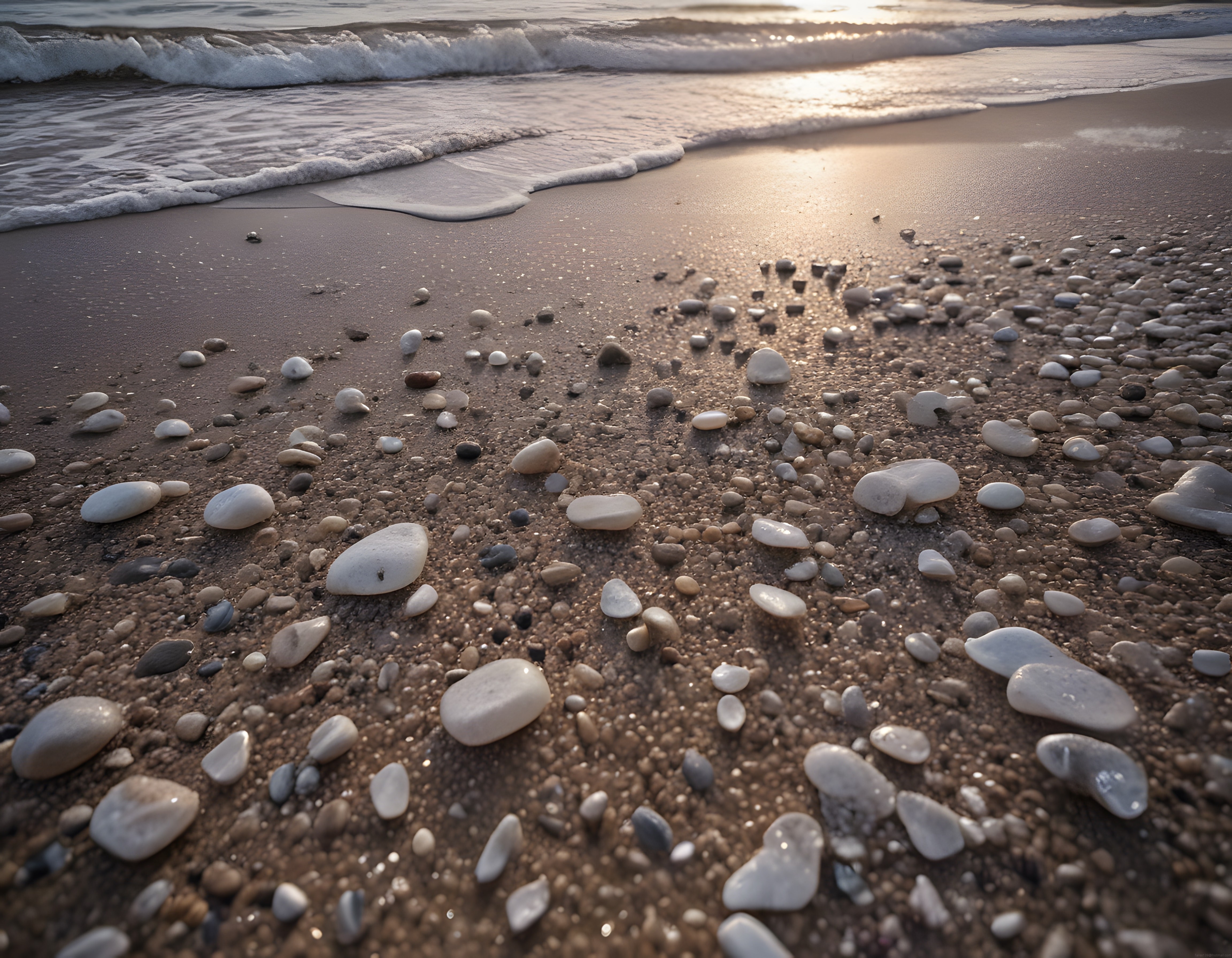 Gün batımında altın yansımalarıyla ışıldayan çakıllı kumsal ve yumuşak dalgalar