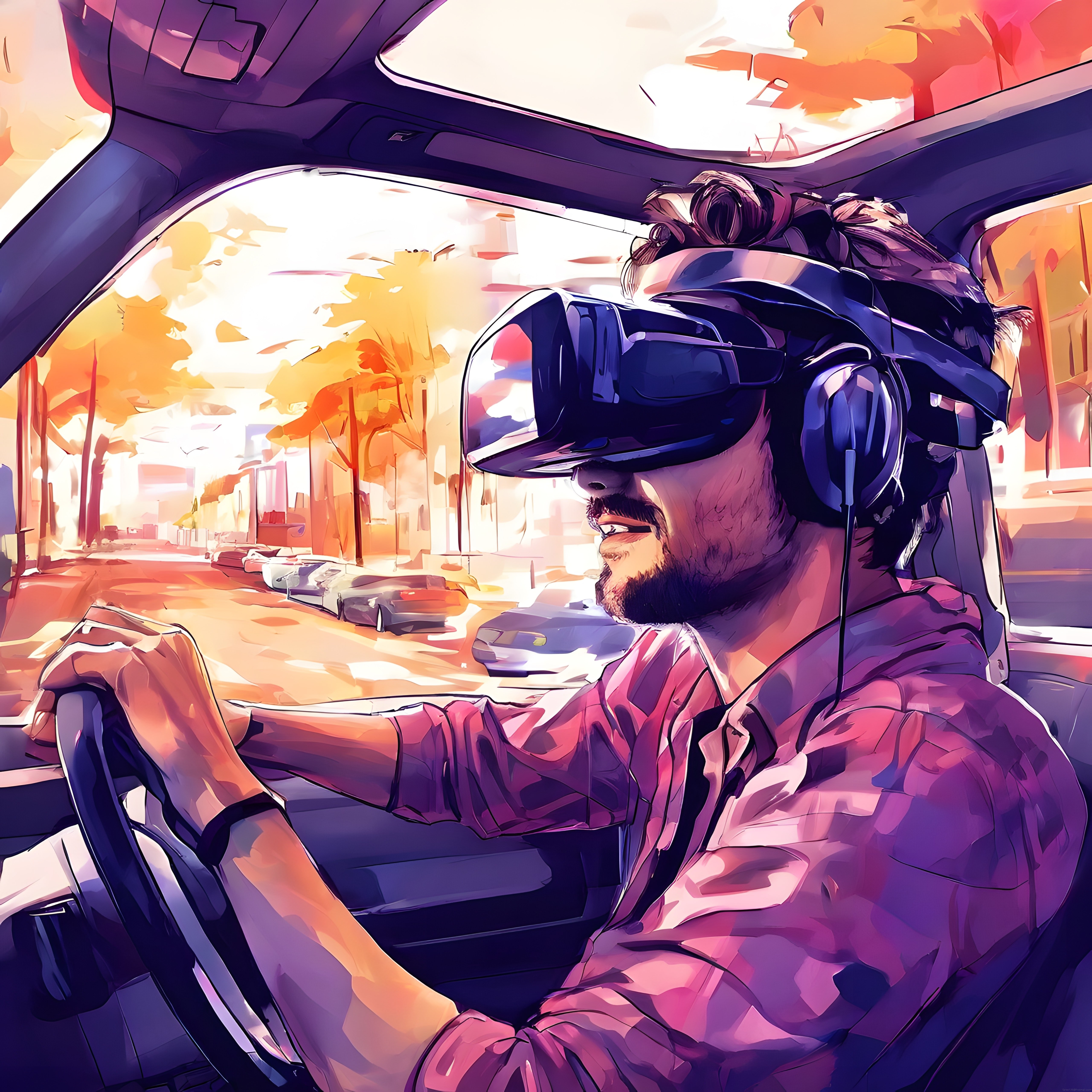 Gün Batımında Arabada VR Gözlük Takmış Adam Dijital İllüstrasyon