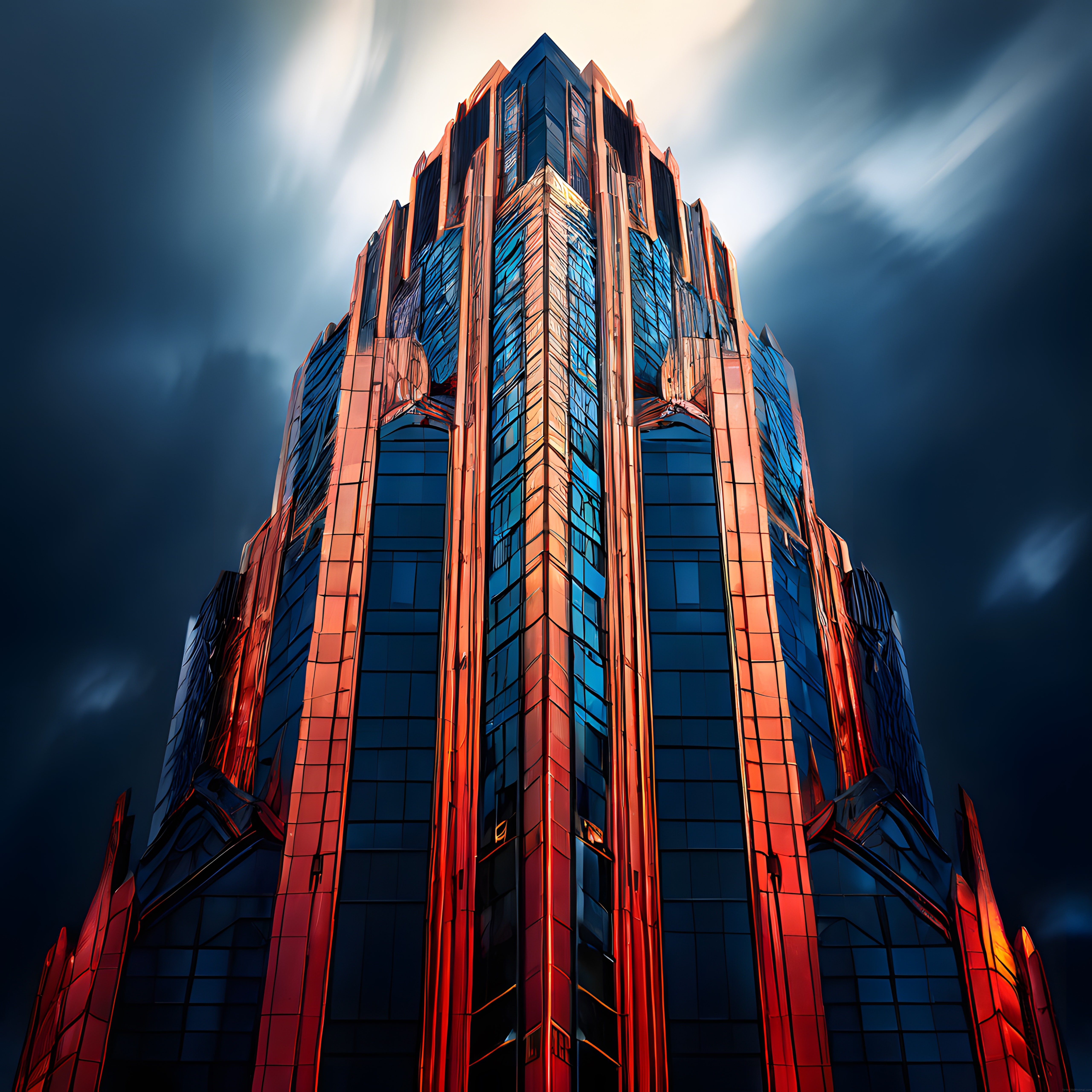 Gün Batımında Art Deco Tarzı Gökdelenin Büyüleyici ve Dramatik İllüstrasyonu