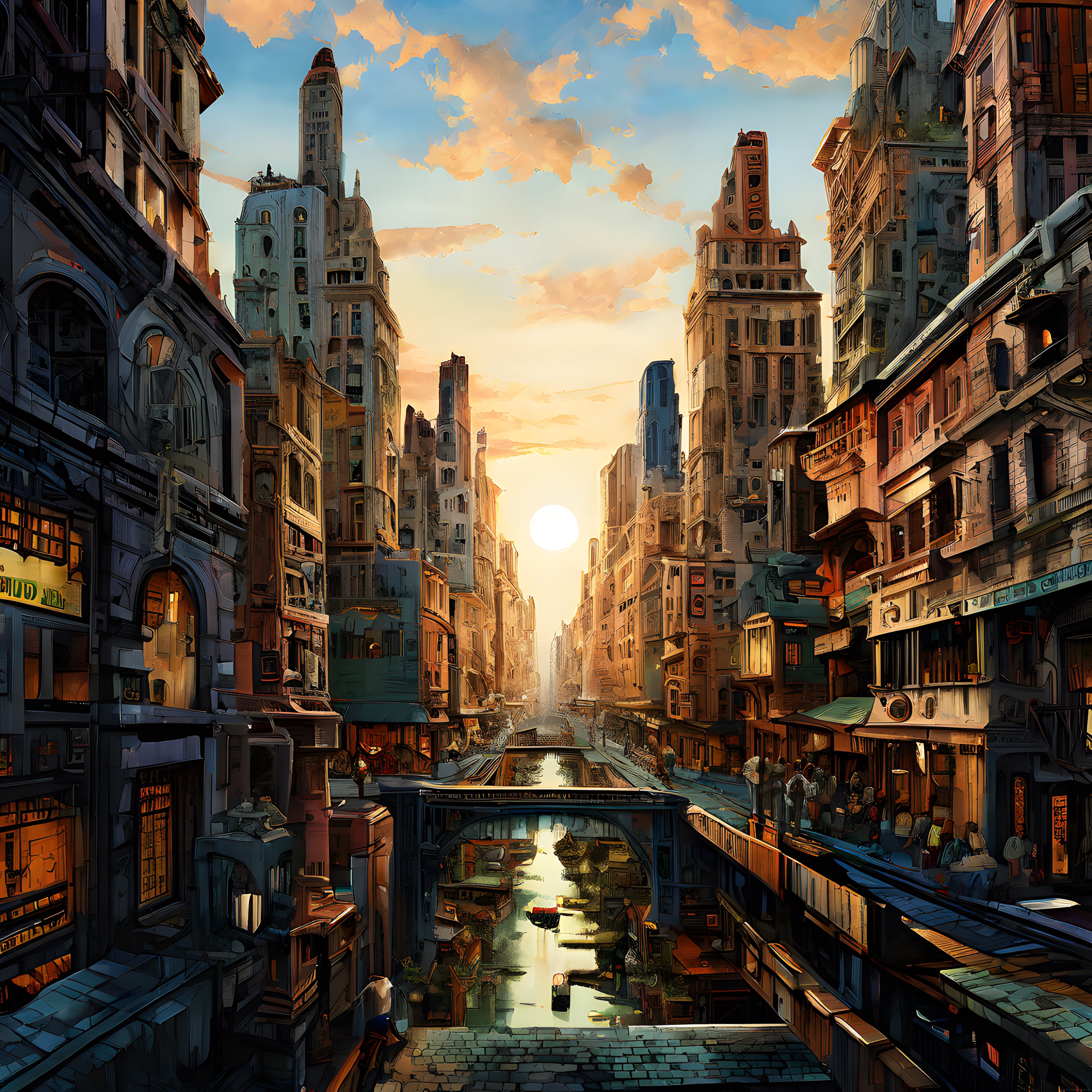 Gün Batımında Art Nouveau Tarzı Fantastik Kanal Şehri Dijital İllüstrasyon