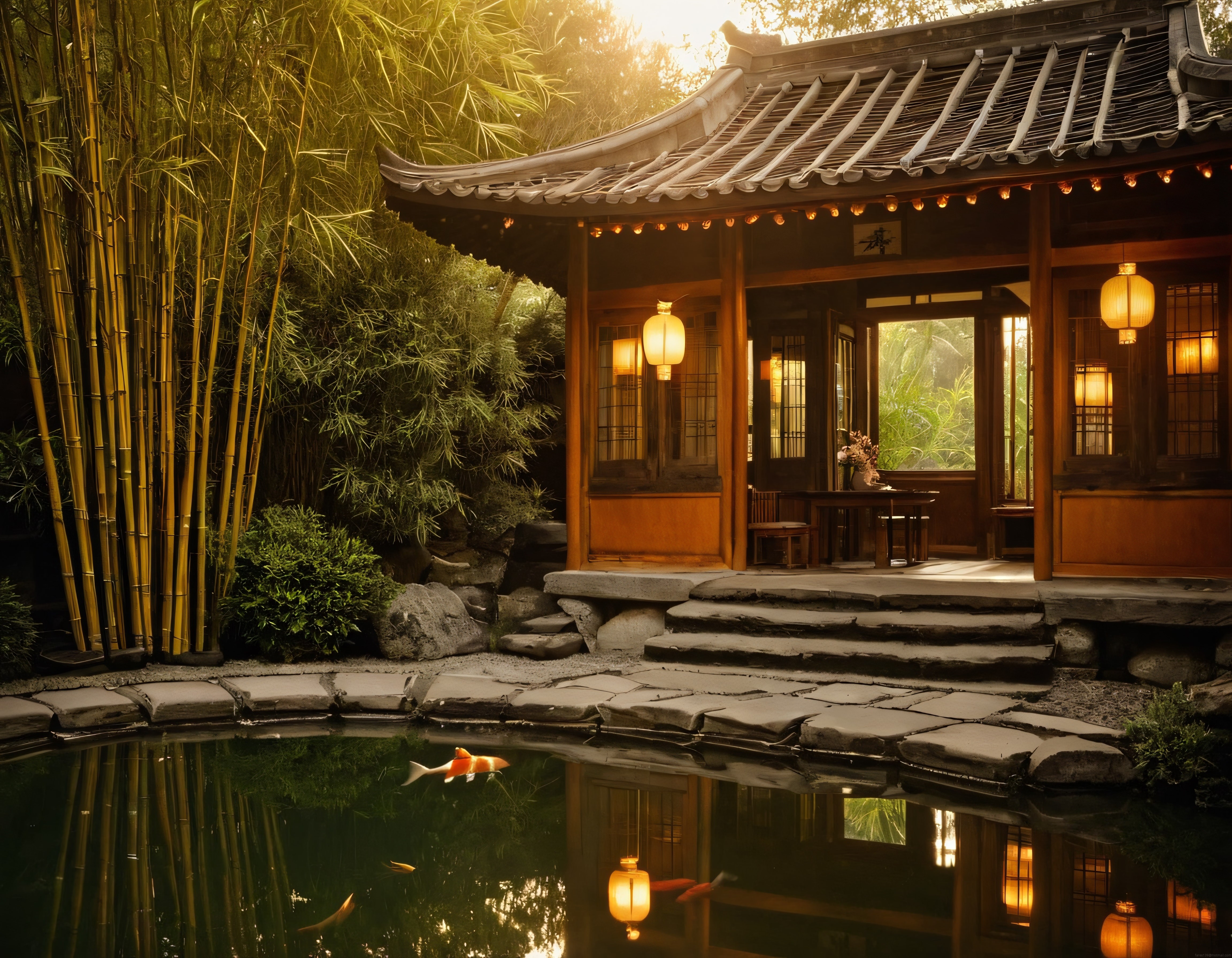 Gün Batımında Bambu Ormanı İçinde Geleneksel Japon Evi ve Koi Havuzu