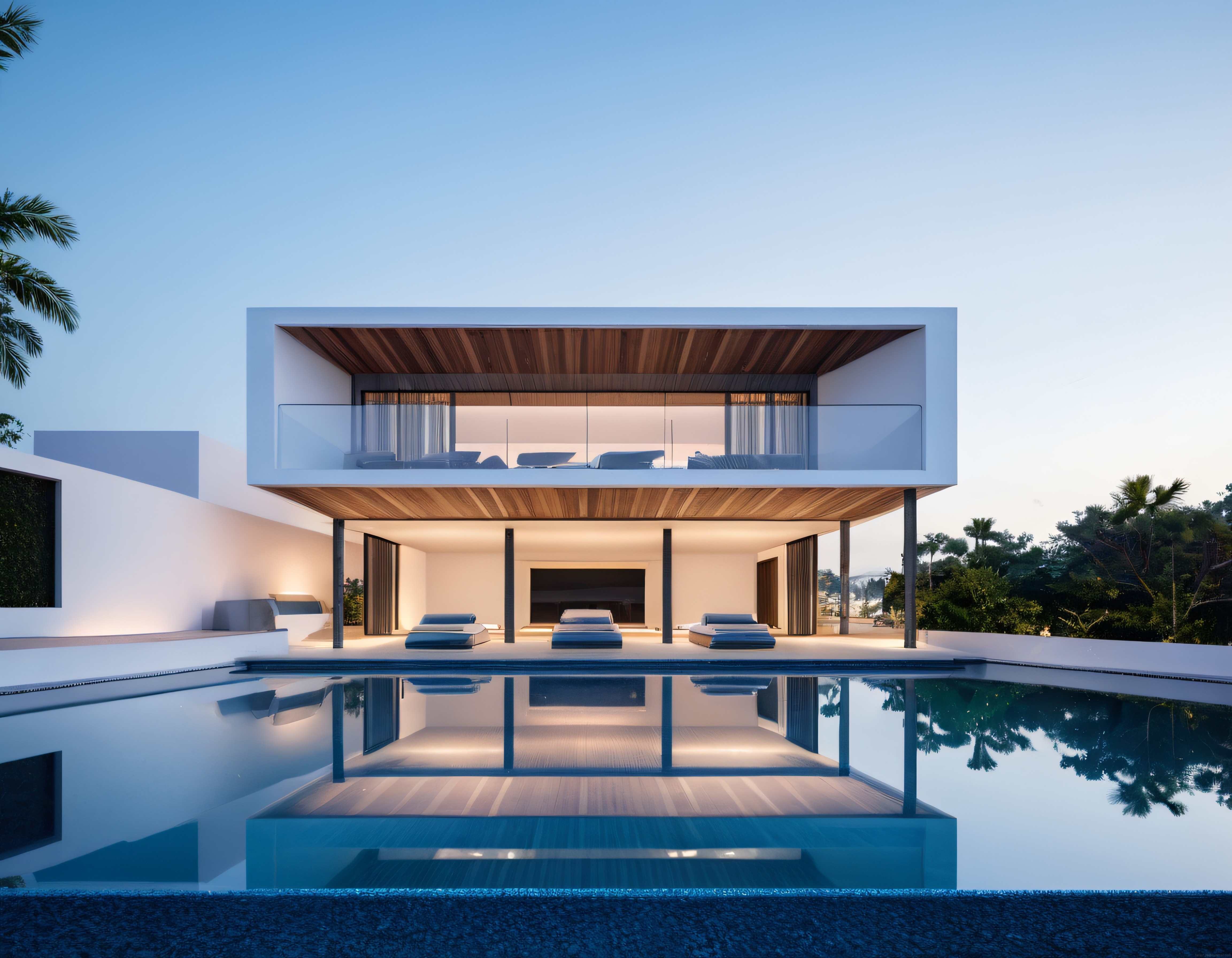 Gün Batımında Beyaz Cepheli Modern Villa ve Yansımalı Havuz Manzarası