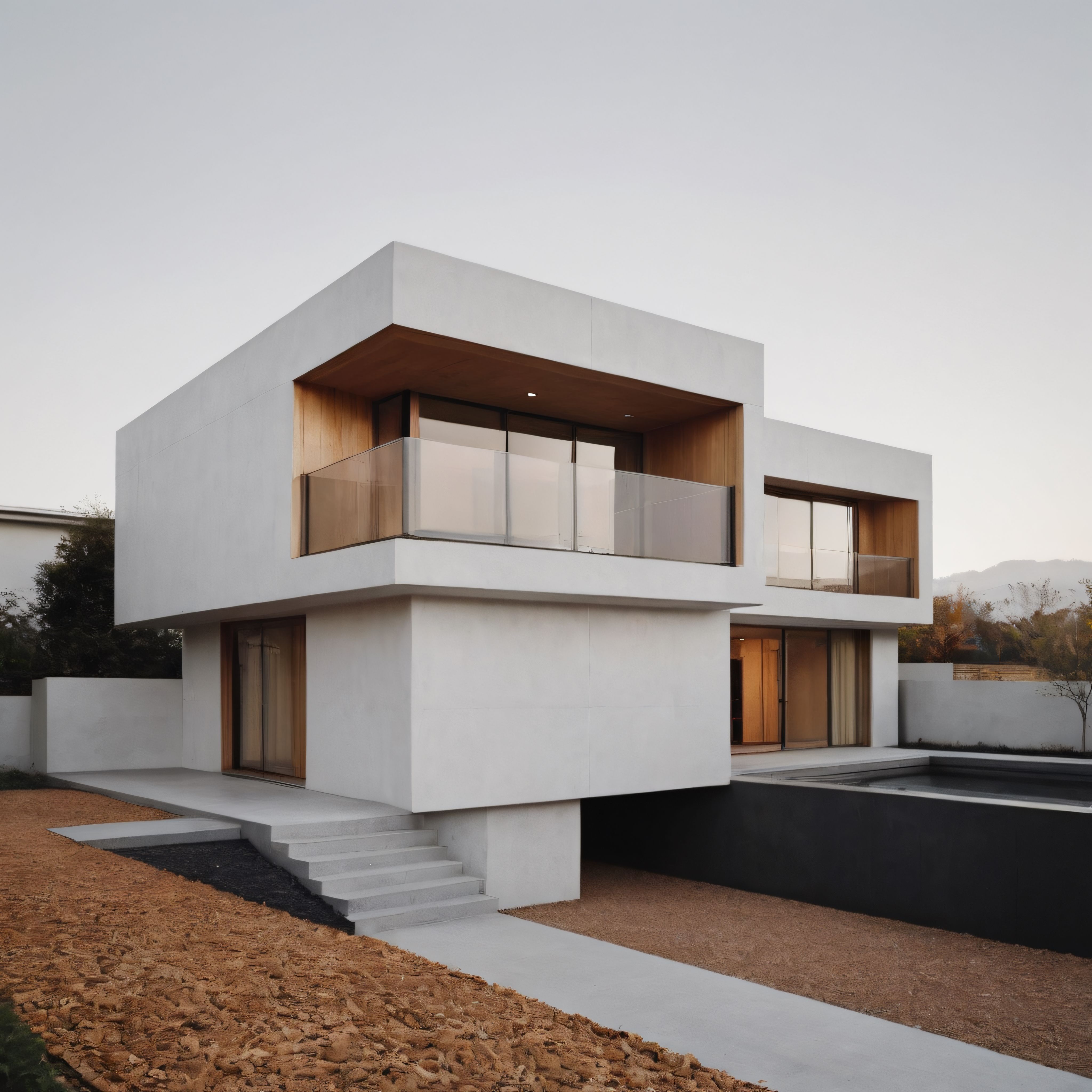 Gün batımında beyaz geometrik hatlarıyla modern minimalist villa