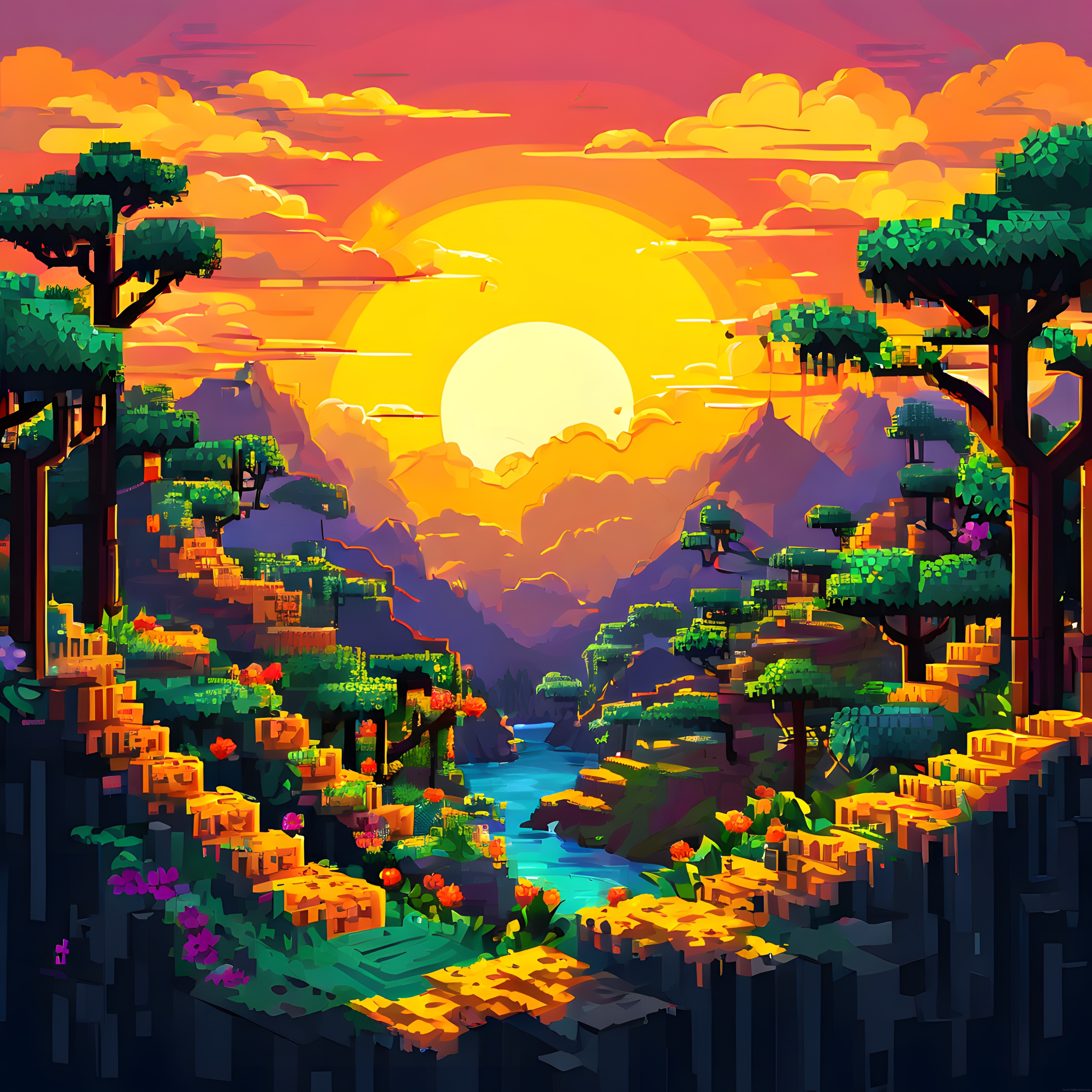 Gün Batımında Bloklu Voxel Tarzı Oyun Manzarası ve Renkli Orman Vadisi