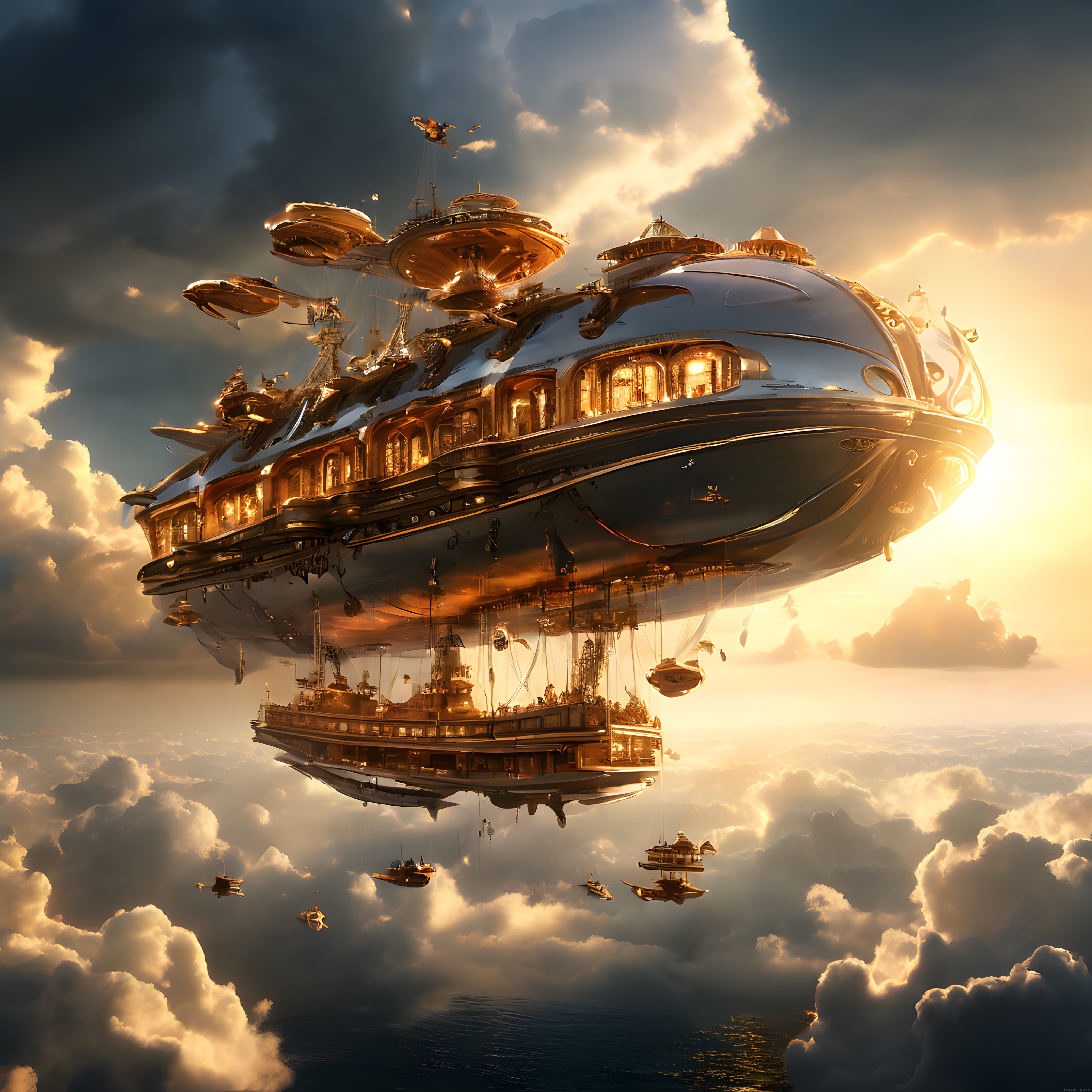 Gün Batımında Bulutların Üzerinde Süzülen Fantastik Steampunk Uçan Gemi