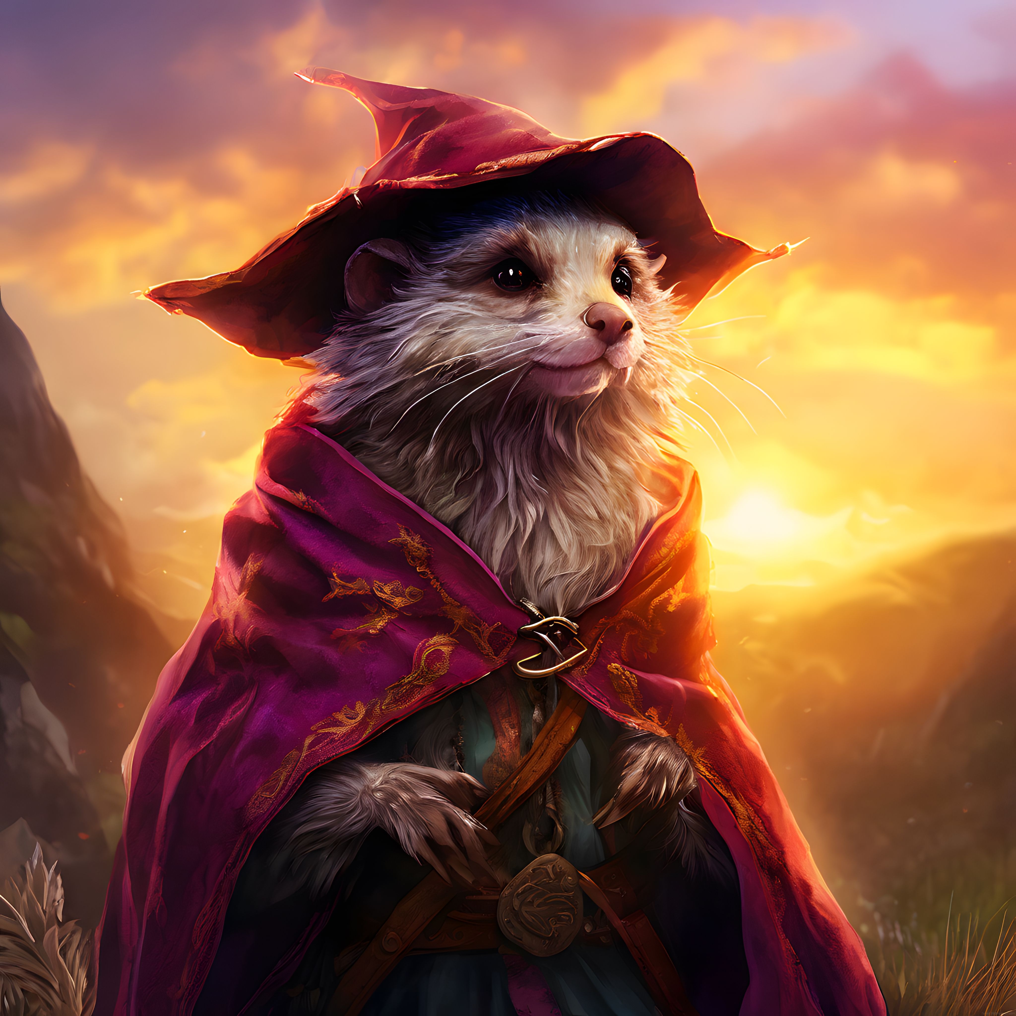 Gün Batımında Büyücü Şapkalı Opossum ve Mor Pelerinli Fantastik Karakter