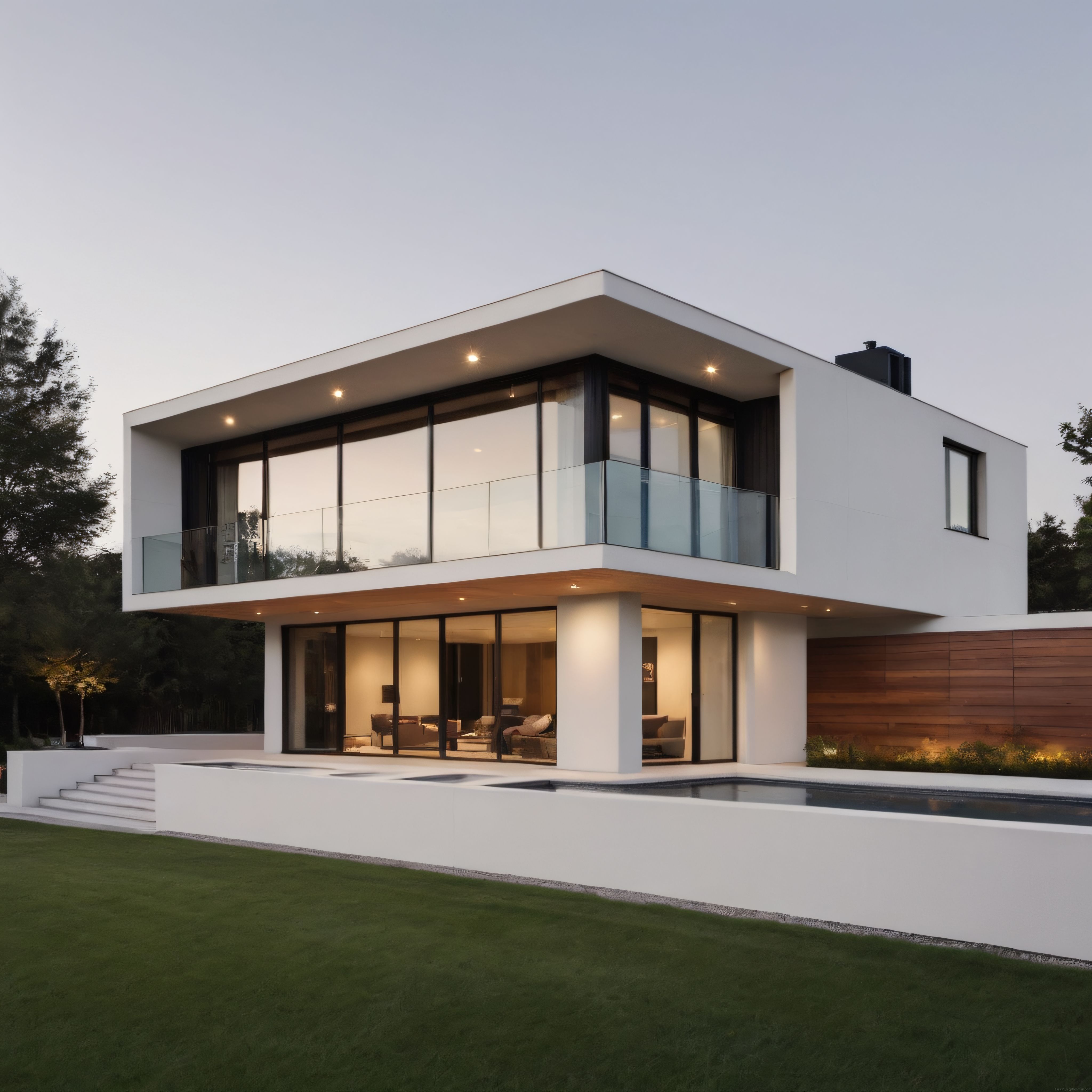 Gün Batımında Büyük Camlı Beyaz Modern Villa ve Havuz Manzarası
