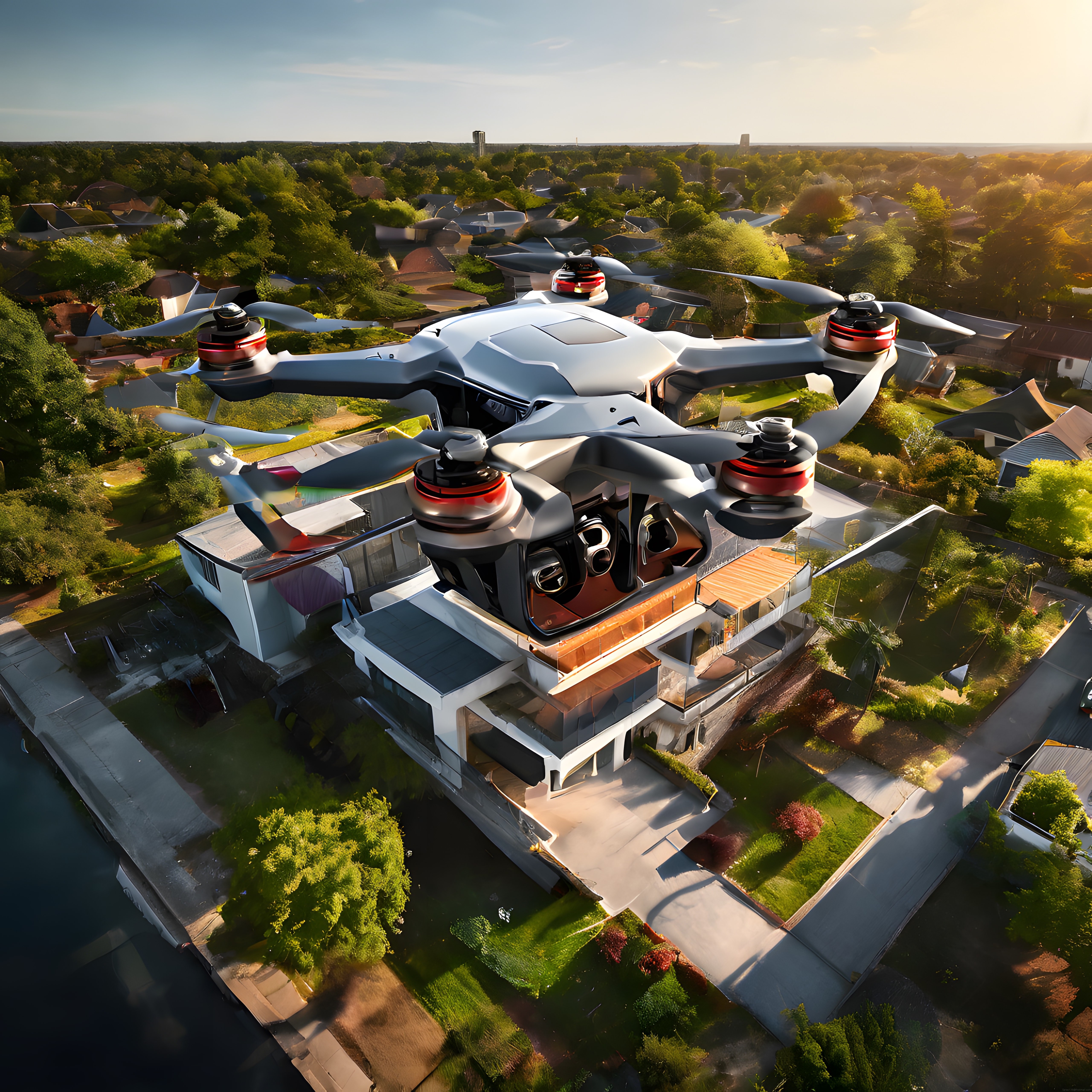 Gün batımında çağdaş rezidans üzerinde süzülen altı pervaneli drone