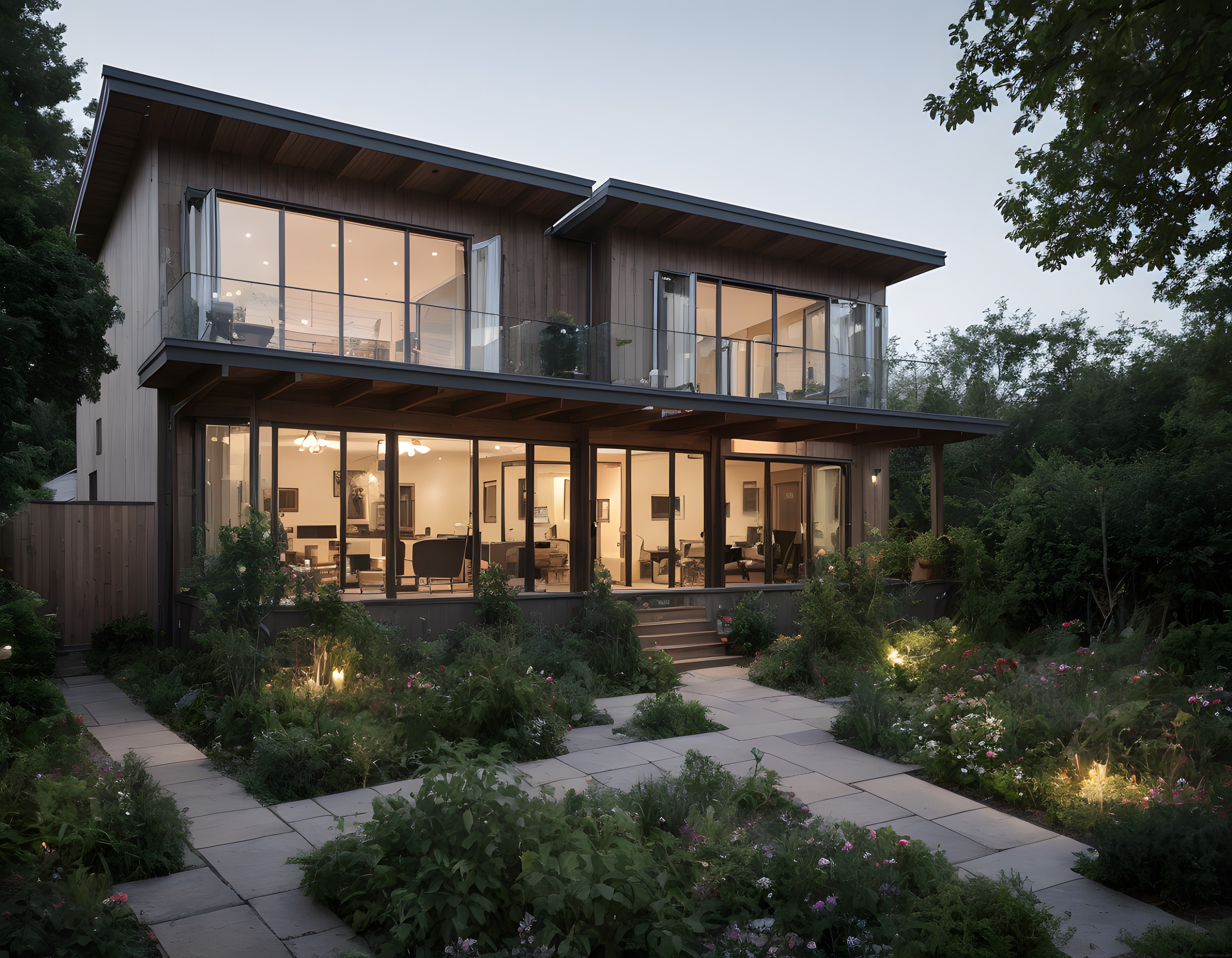 Gün Batımında Cam Cepheleri ve Ahşap Dokusuyla Modern Villa Tasarımı