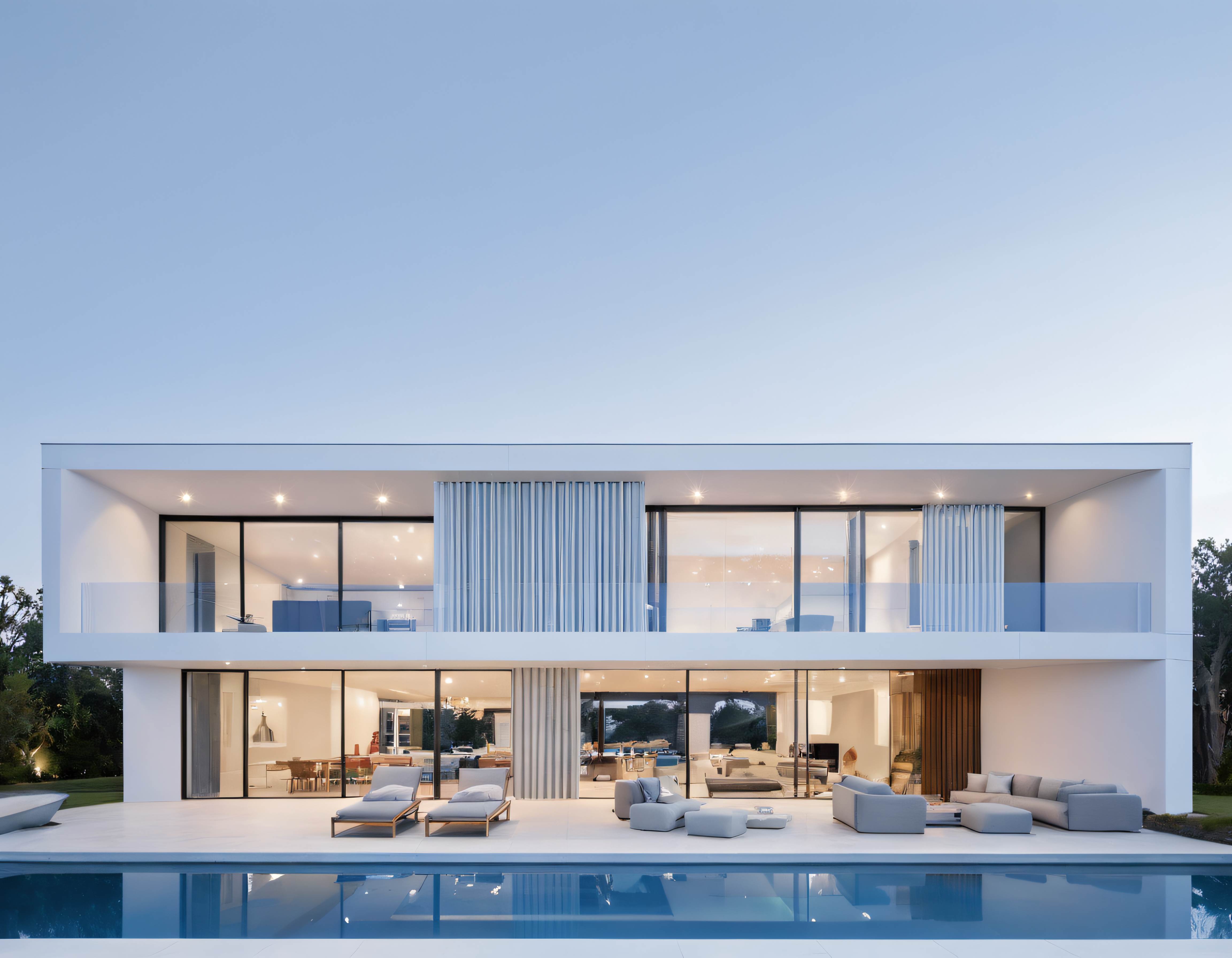 Gün Batımında Cam Cepheli Lüks Modern Villa ve Yüzme Havuzu Manzarası