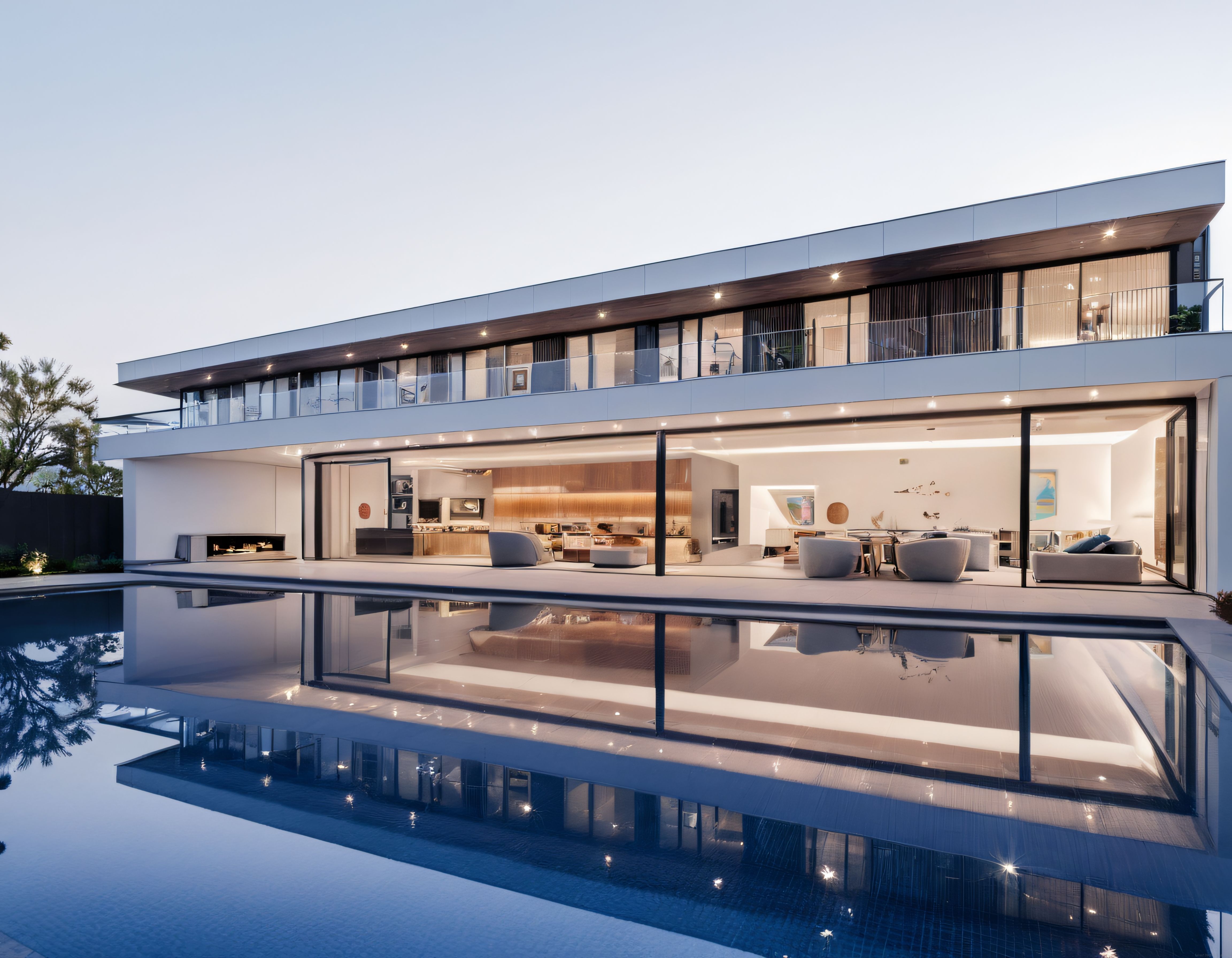 Gün Batımında Cam Cepheli Modern Lüks Villa ve Sonsuzluk Havuzu