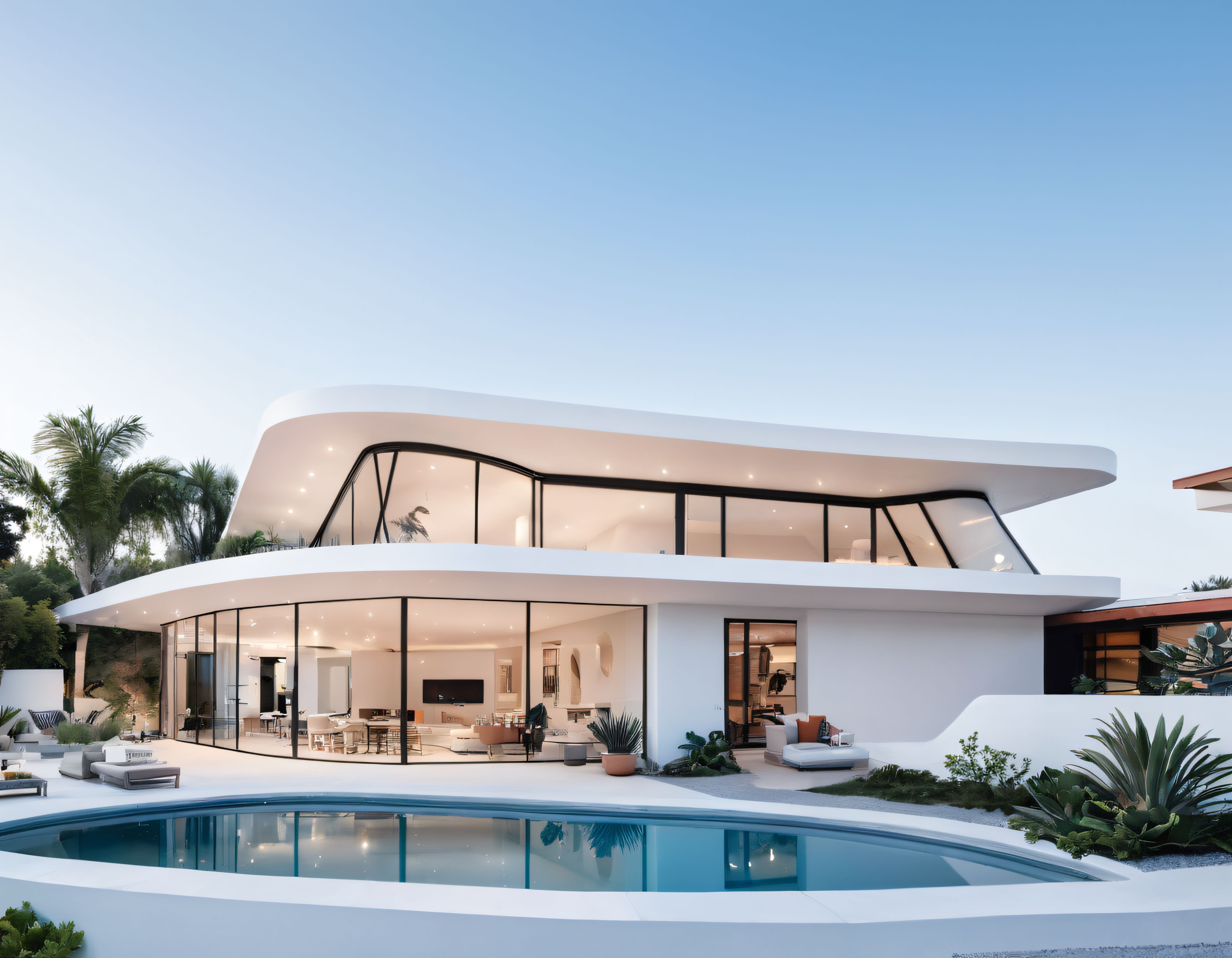 Gün Batımında Cam Cepheli Ultra Modern Lüks Villa ve Yüzme Havuzu