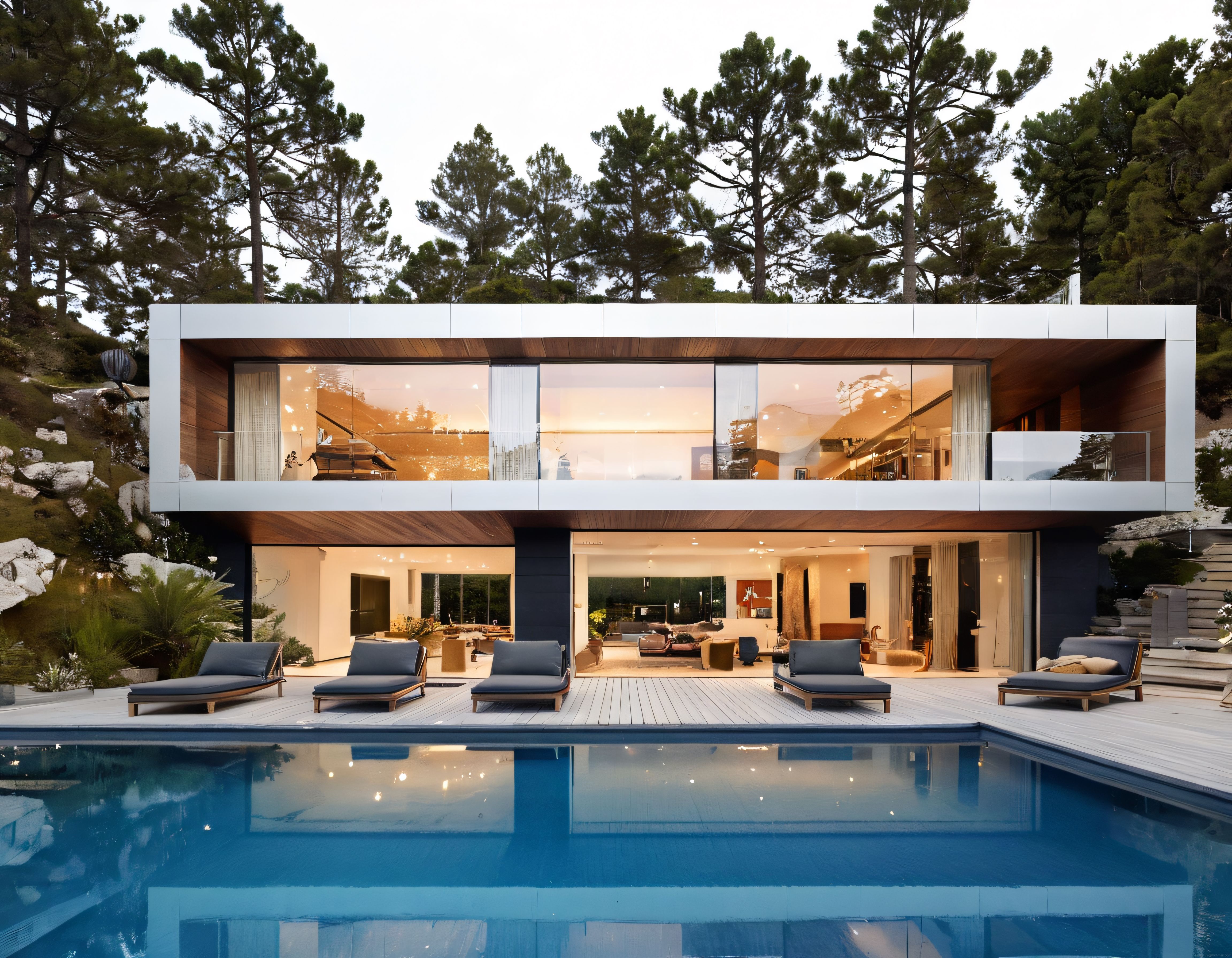 Gün Batımında Çam Ormanı İçindeki Modern Cam Villa ve Sonsuzluk Havuzu