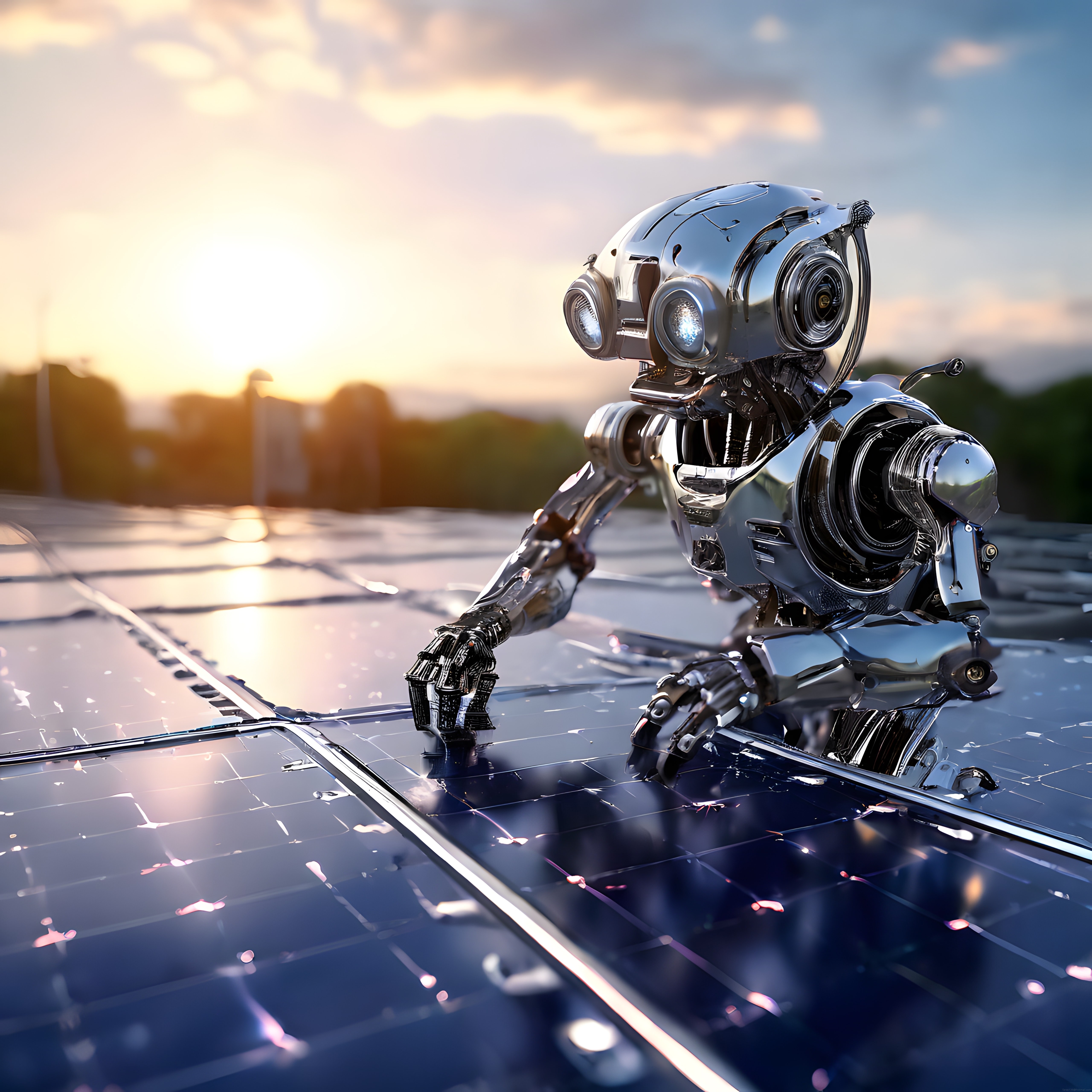 Gün batımında çatıdaki güneş panelleri üzerinde yıpranmış metalik robotun düşündürücü görüntüsü Gün batımında çatıdaki güneş panelleri üzerinde yıpranmış metalik robotun düşündürücü görüntüsü