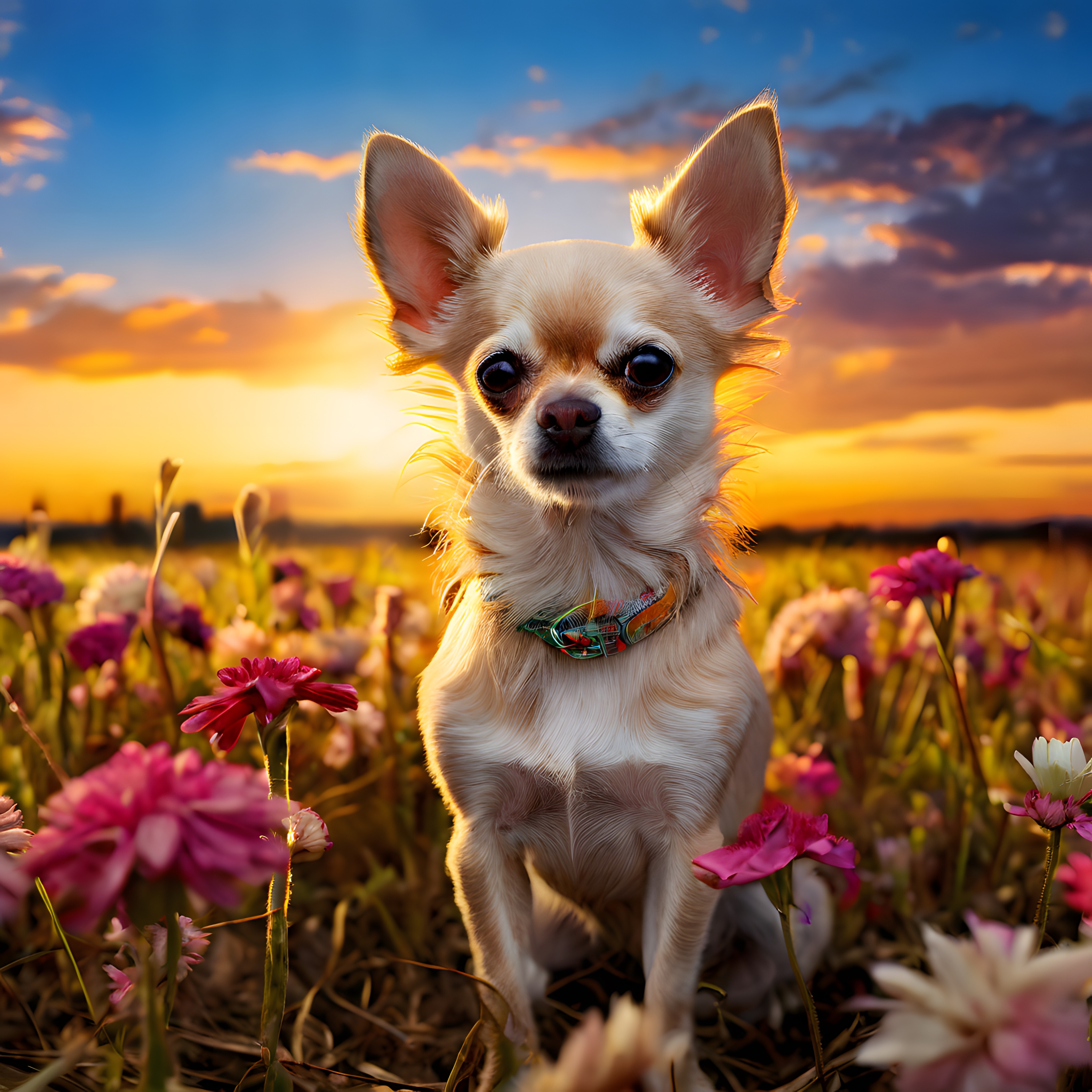 Gün Batımında Çiçek Tarlasında Oturan Sevimli Chihuahua Köpeği