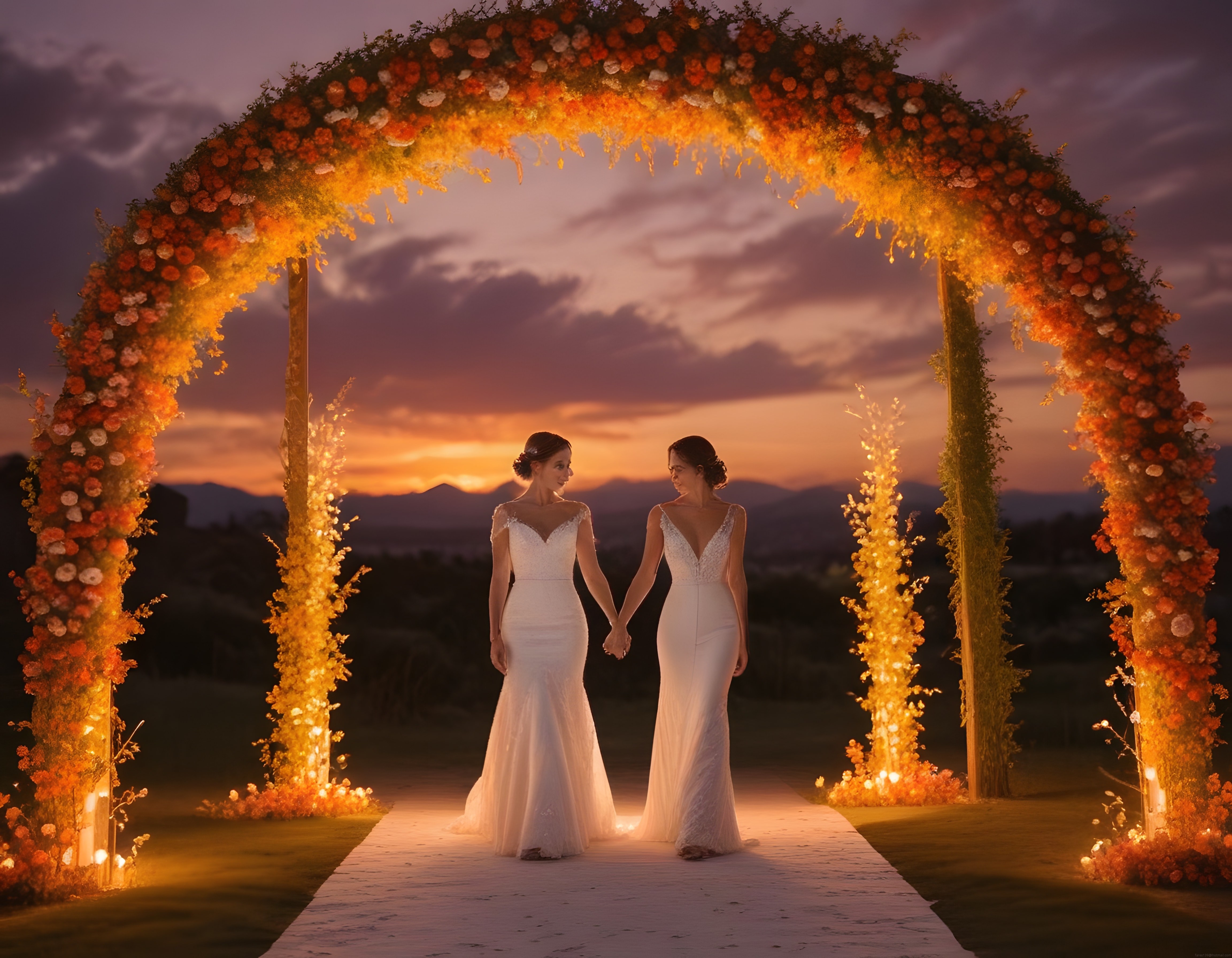 Gün Batımında Çiçekli Kemer Altında El Ele Tutan Gelinlerin Romantik Anı