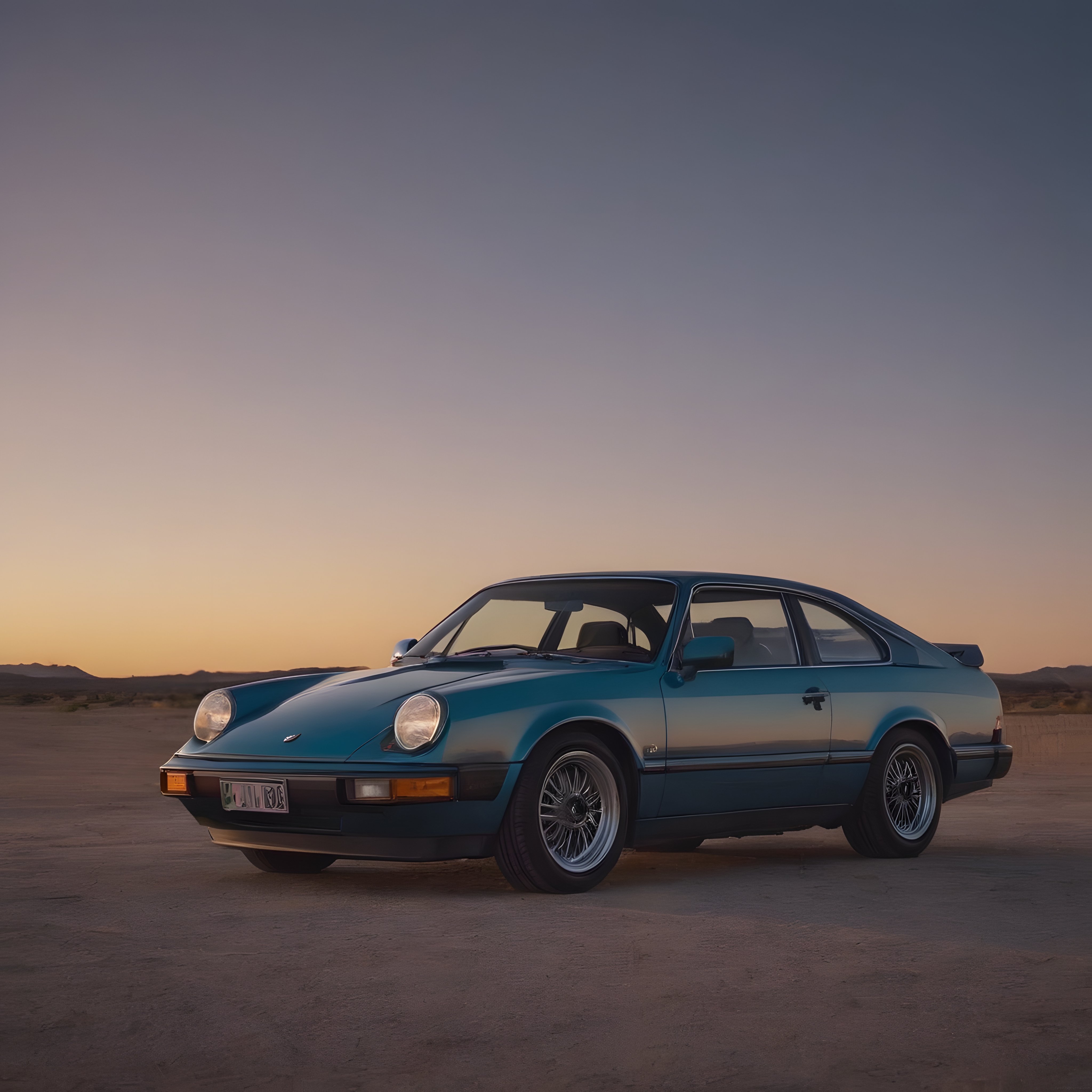 Gün Batımında Çölde Duran Turkuaz Klasik Porsche 911 Otomobil Fotoğrafı