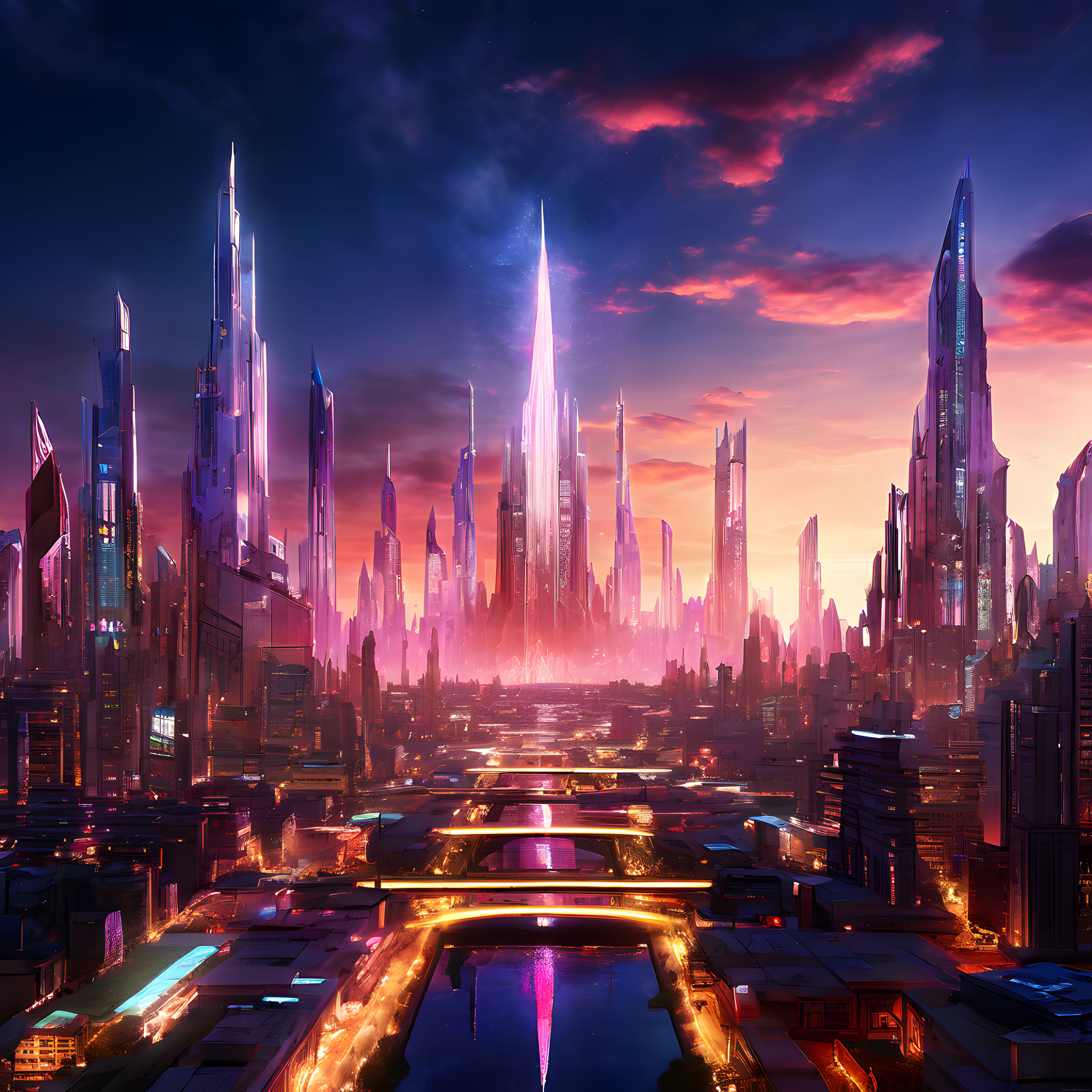 Gün Batımında Cyberpunk Metropol ve Neon Aydınlatmalı Gökdelen Silueti