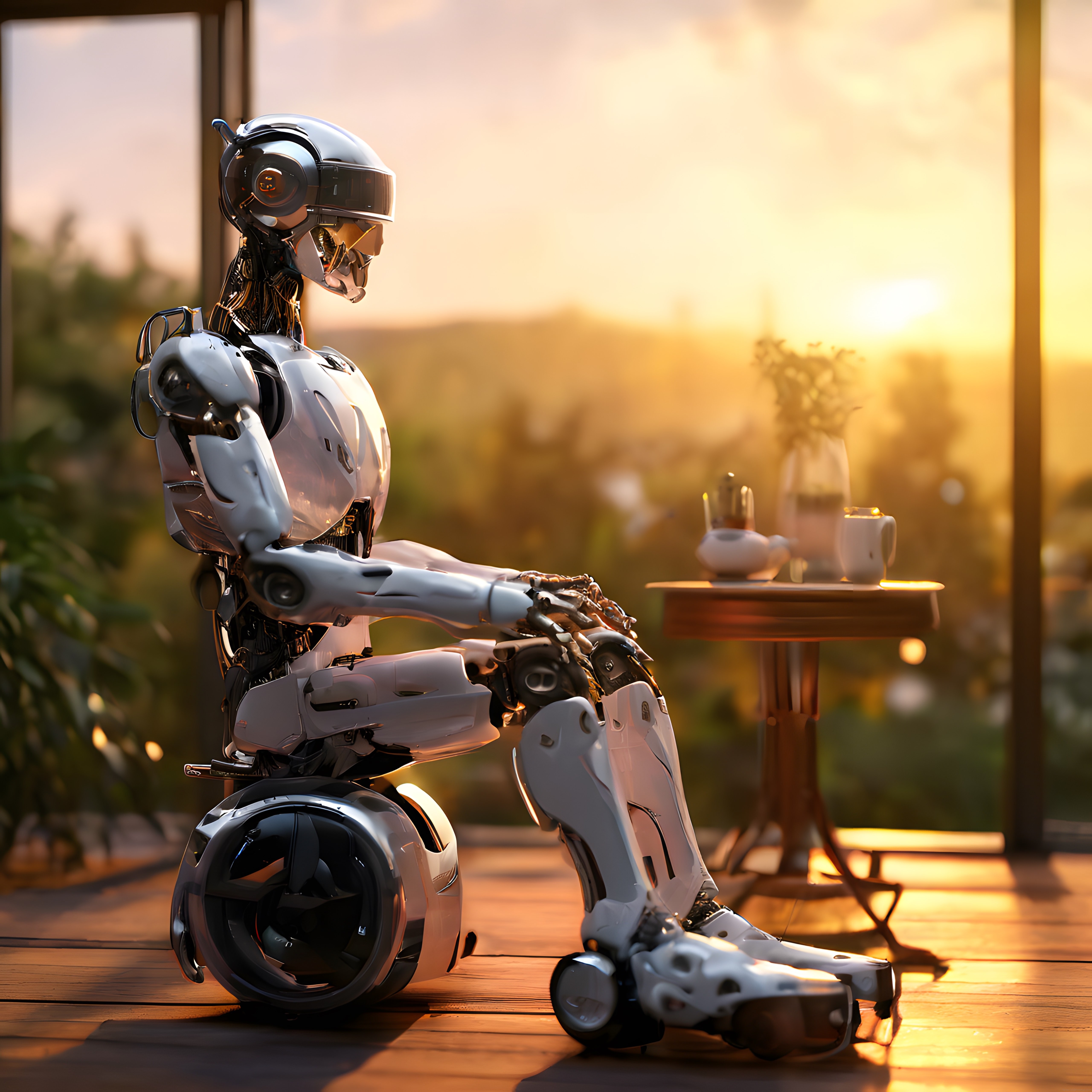 Gün Batımında Dağ Manzaralı Verandada Oturan Geleceğin Robotu