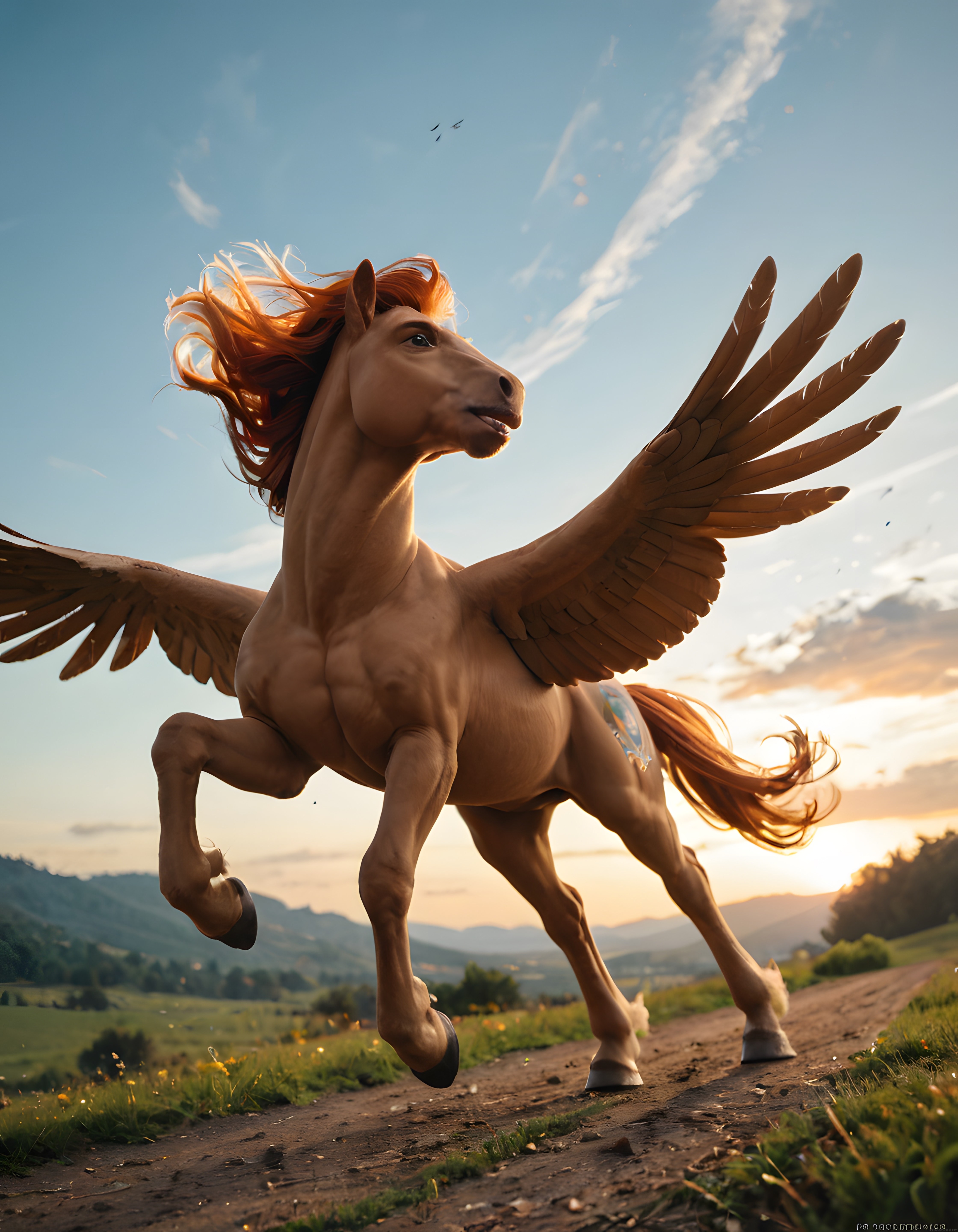 Gün batımında dağ manzaralı yolda kanatlarını açan parlak yeleye sahip Pegasus