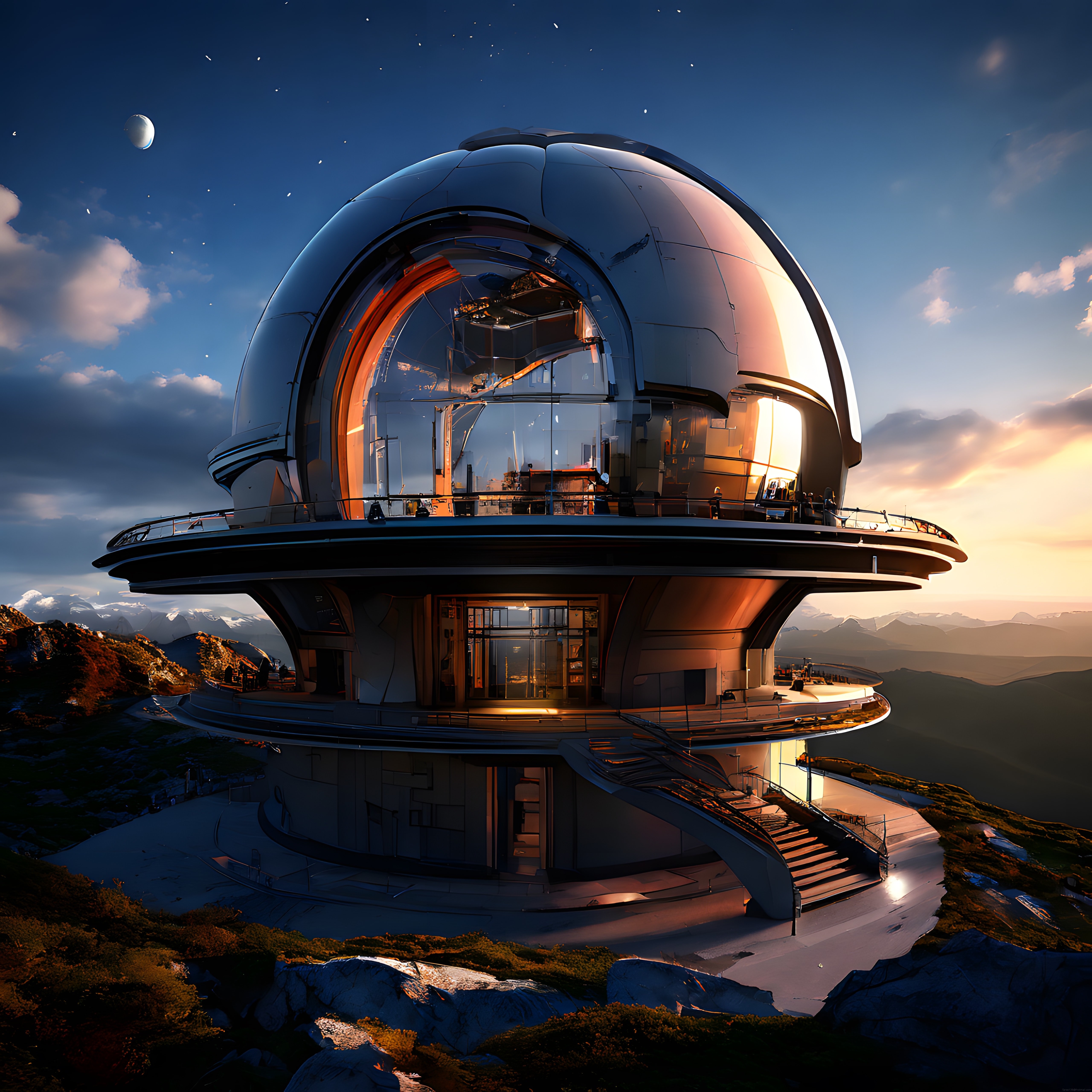 Gün Batımında Dağın Zirvesindeki Geleceğin Gözlem Evi ve Astronomi Kulesi