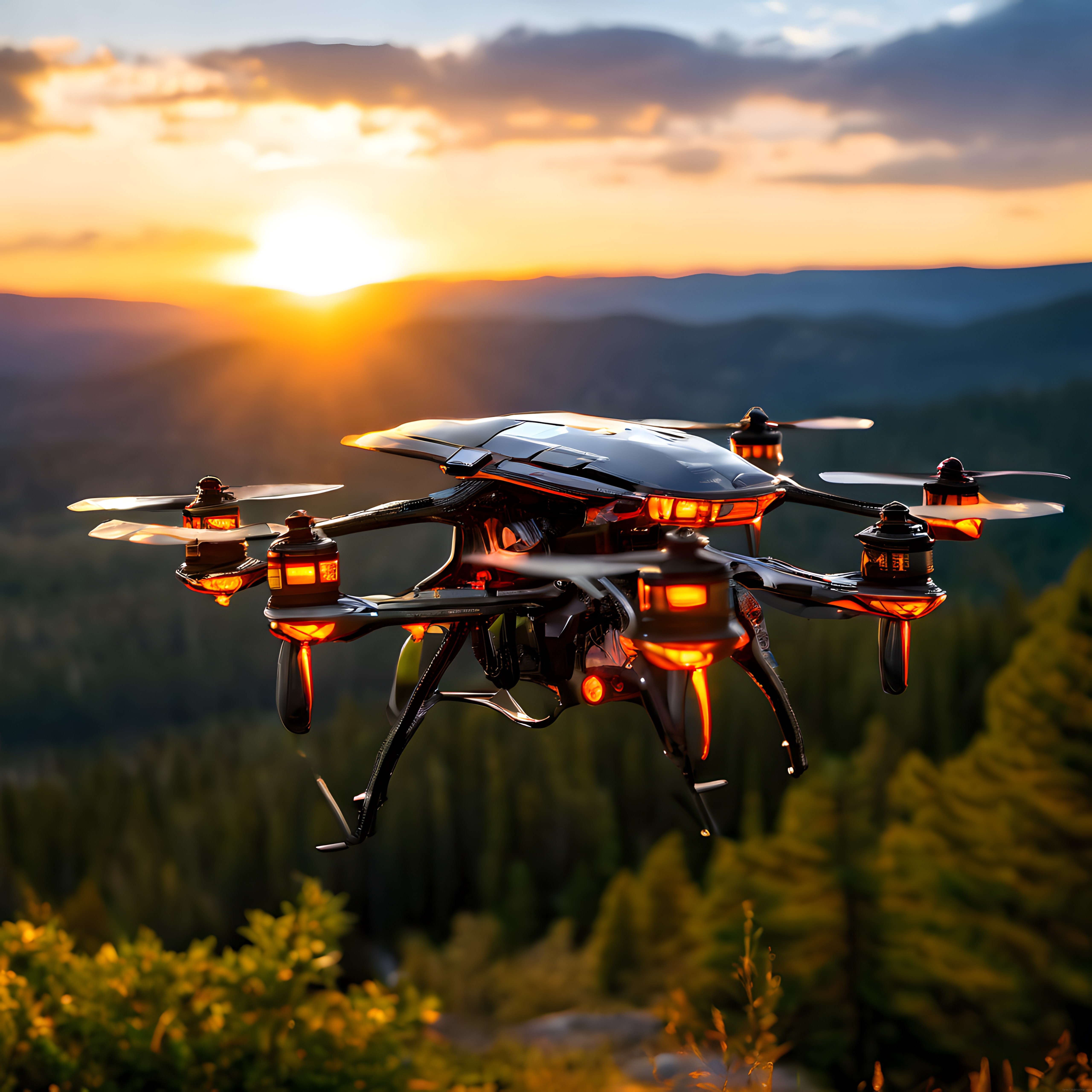 Gün batımında dağlar üzerinde süzülen ileri teknoloji drone görüntüsü