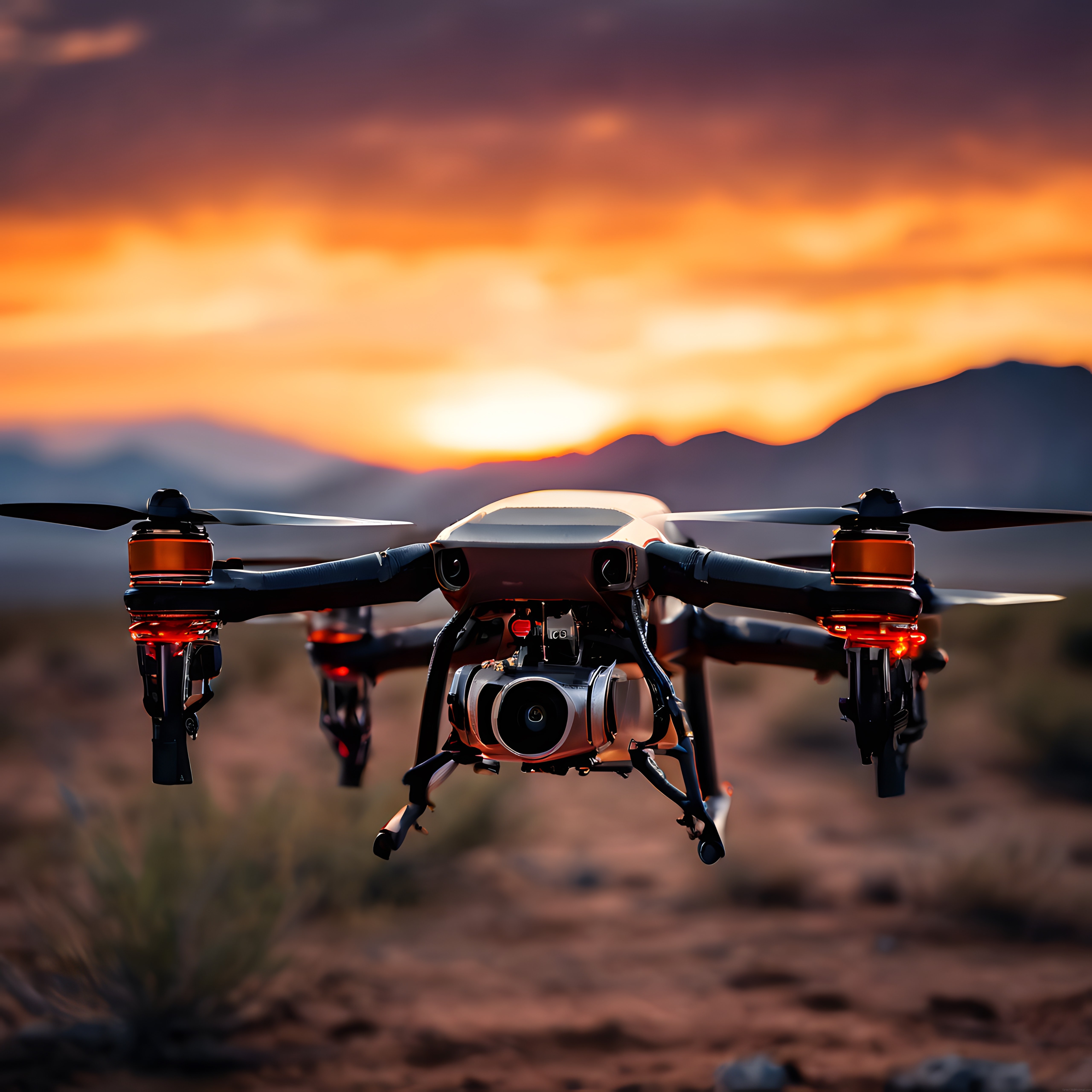 Gün batımında dağlar üzerinde uçan profesyonel kamera drone'u ve hava görüntüsü